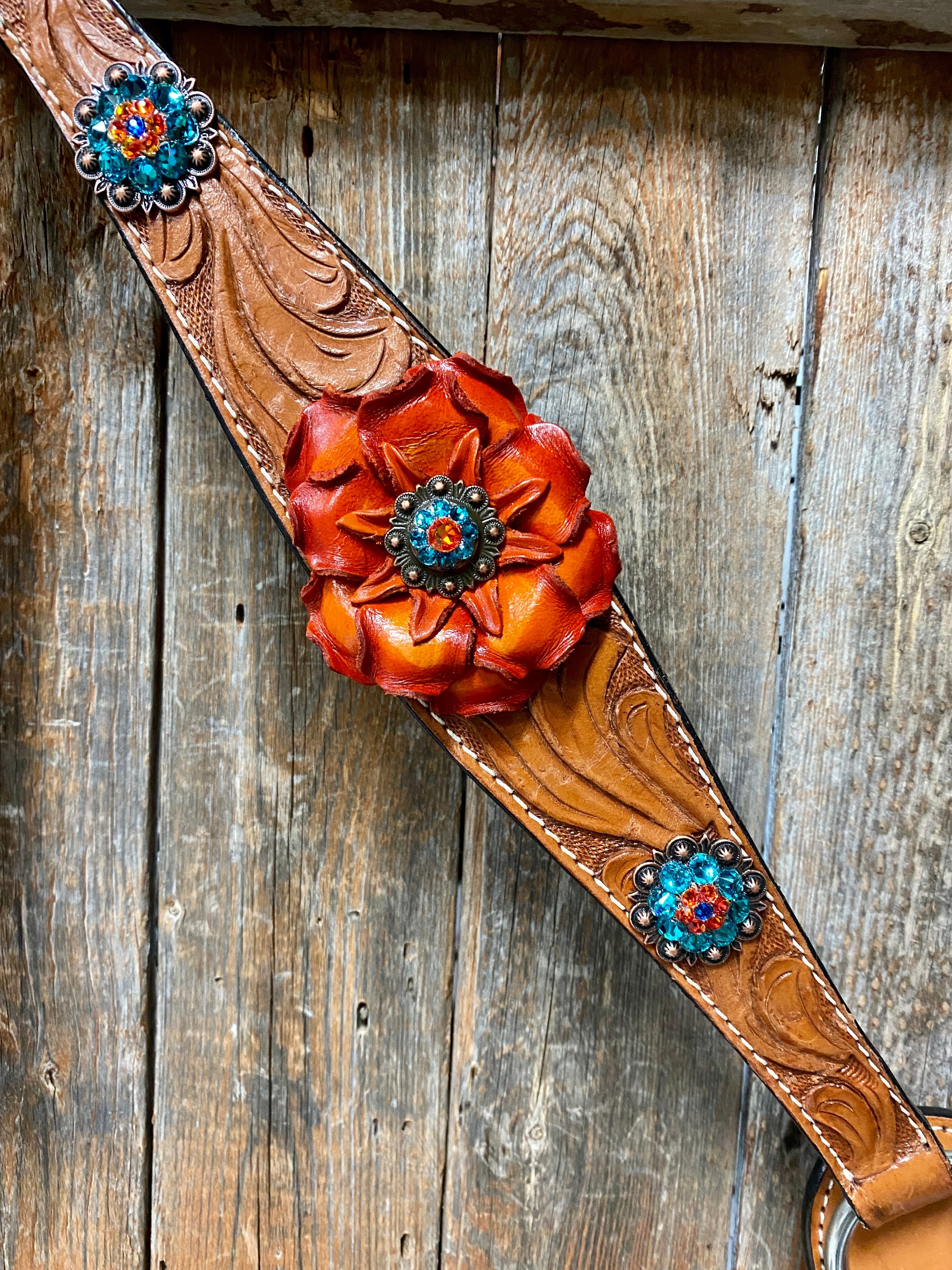 Light Oil Floral Tooled Orange and Teal Browband & Breastcollar Tack Set #BBBC427 - RODEO DRIVE