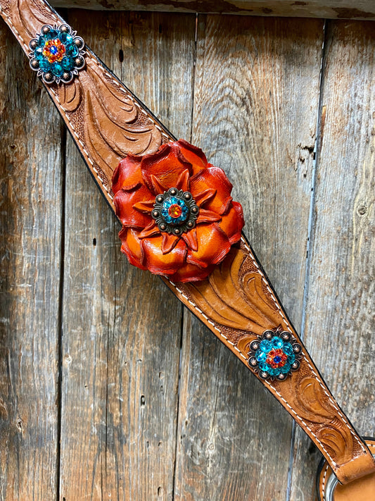 Light Oil Floral Tooled Orange and Teal Browband & Breastcollar Tack Set #BBBC427 - RODEO DRIVE