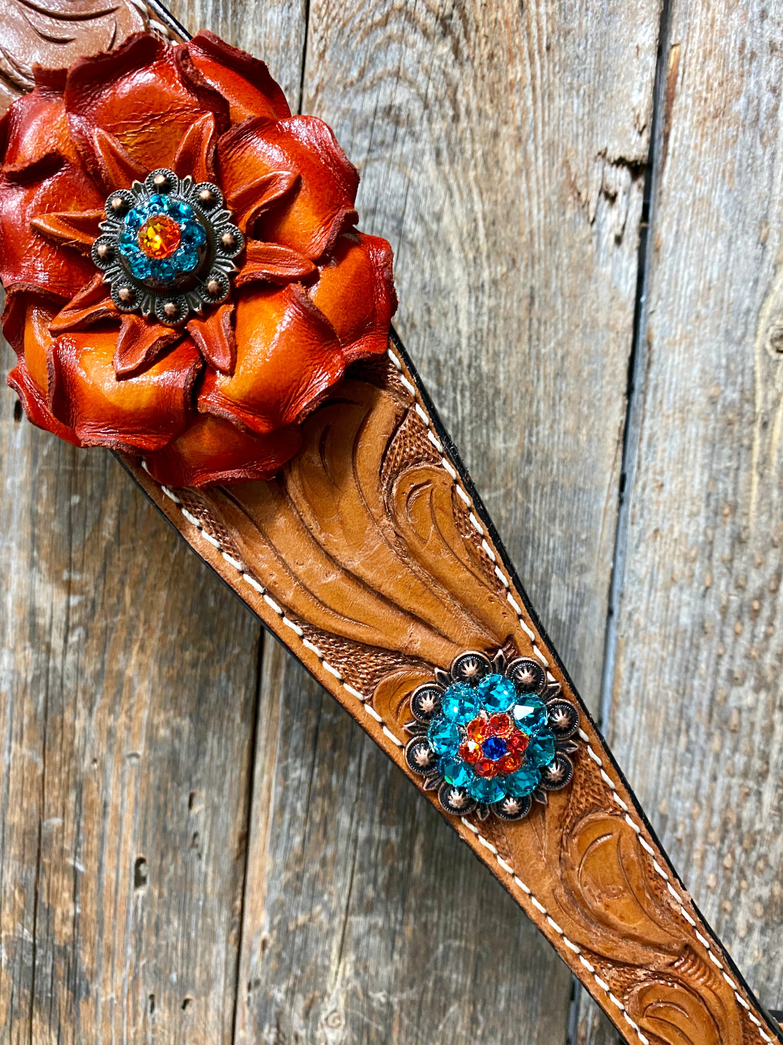 Light Oil Floral Tooled Orange and Teal Browband & Breastcollar Tack Set #BBBC427 - RODEO DRIVE