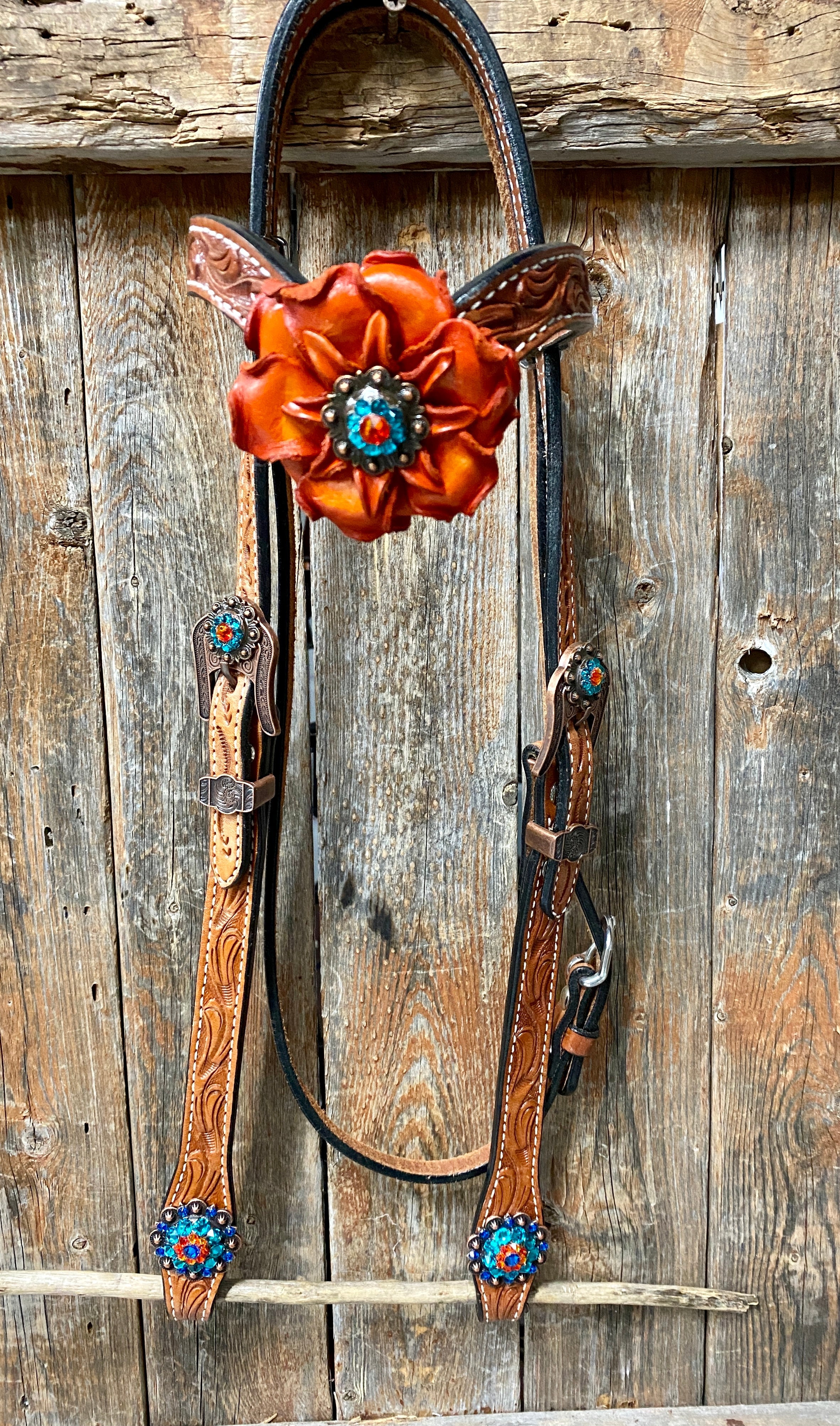 Light Oil Floral Tooled Orange and Teal Browband & Breastcollar Tack Set #BBBC427 - RODEO DRIVE