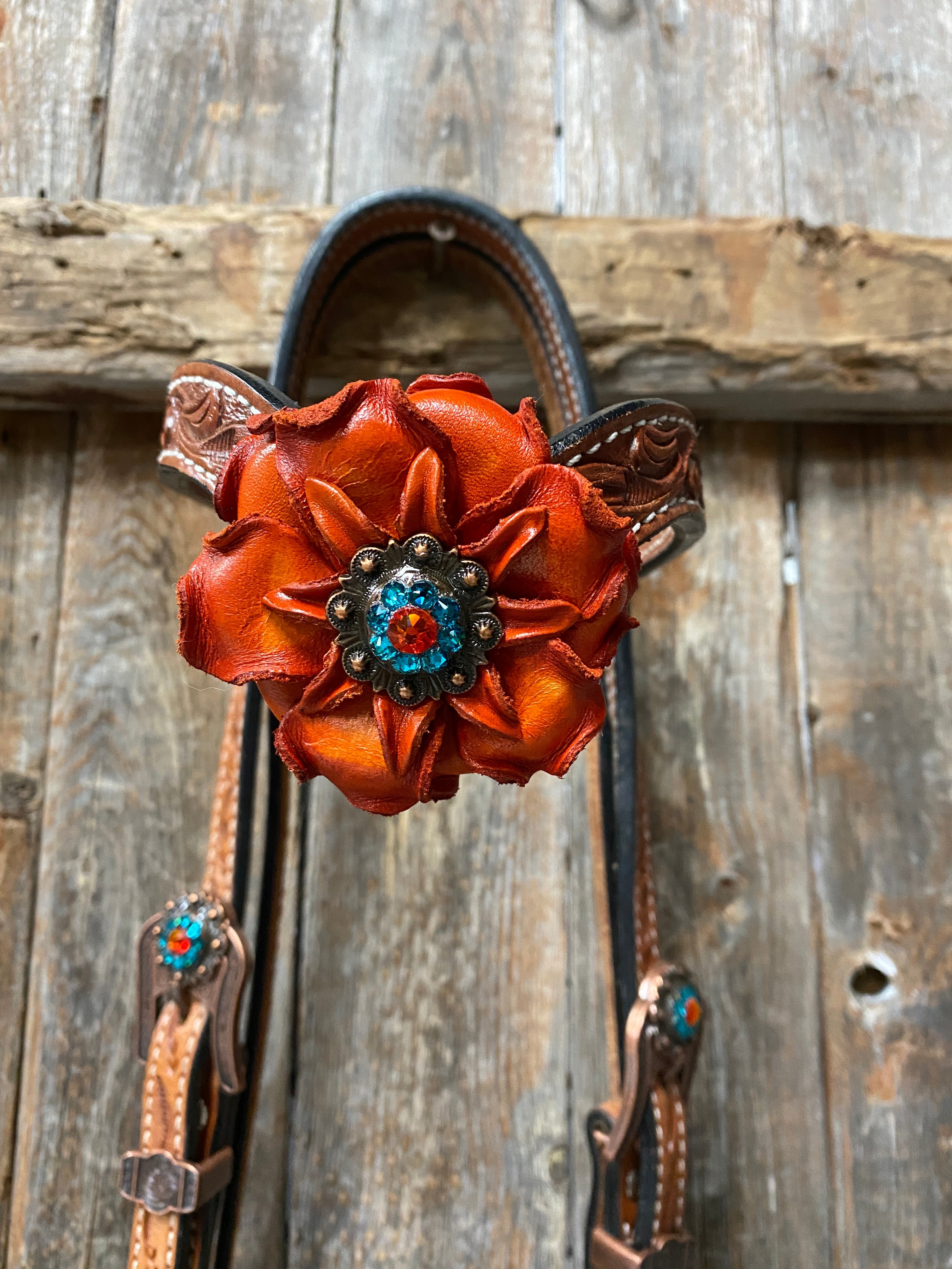 Light Oil Floral Tooled Orange and Teal Browband & Breastcollar Tack Set #BBBC427 - RODEO DRIVE
