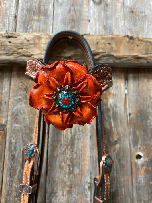 Light Oil Floral Tooled Orange and Teal Browband & Breastcollar Tack Set #BBBC427 - RODEO DRIVE