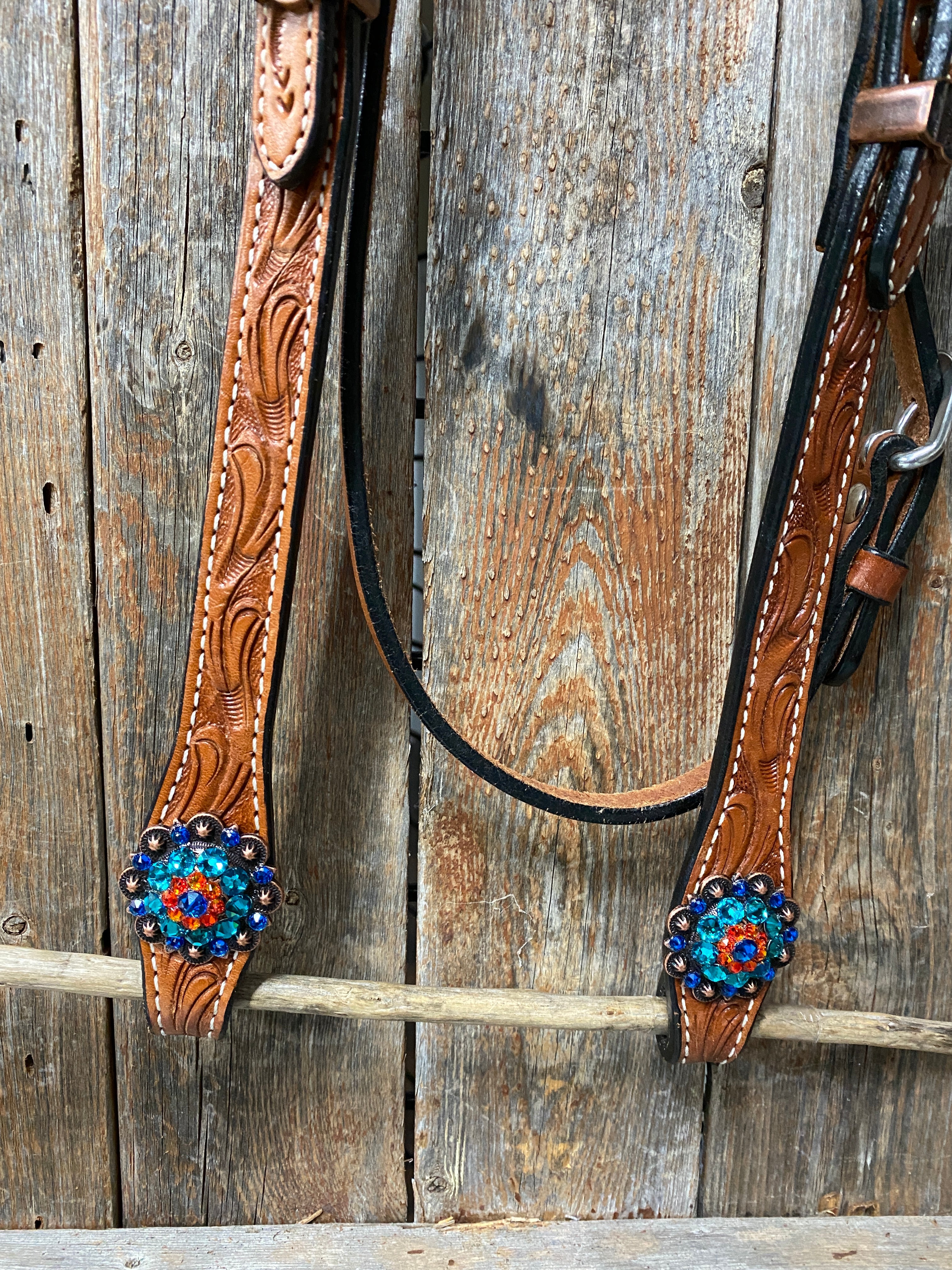 Light Oil Floral Tooled Orange and Teal Browband & Breastcollar Tack Set #BBBC427 - RODEO DRIVE