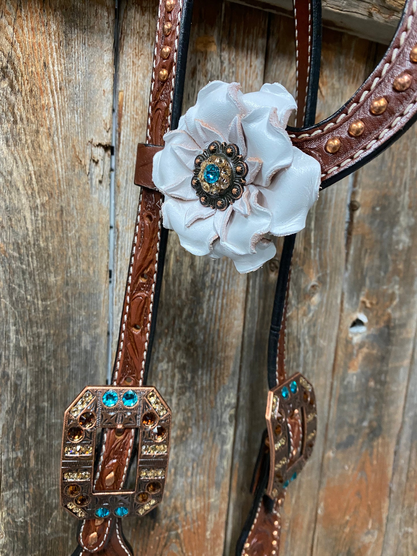 Copper Dot and Buckstitch Flower Browband / One Ear Tack Set #BBBC428 - RODEO DRIVE