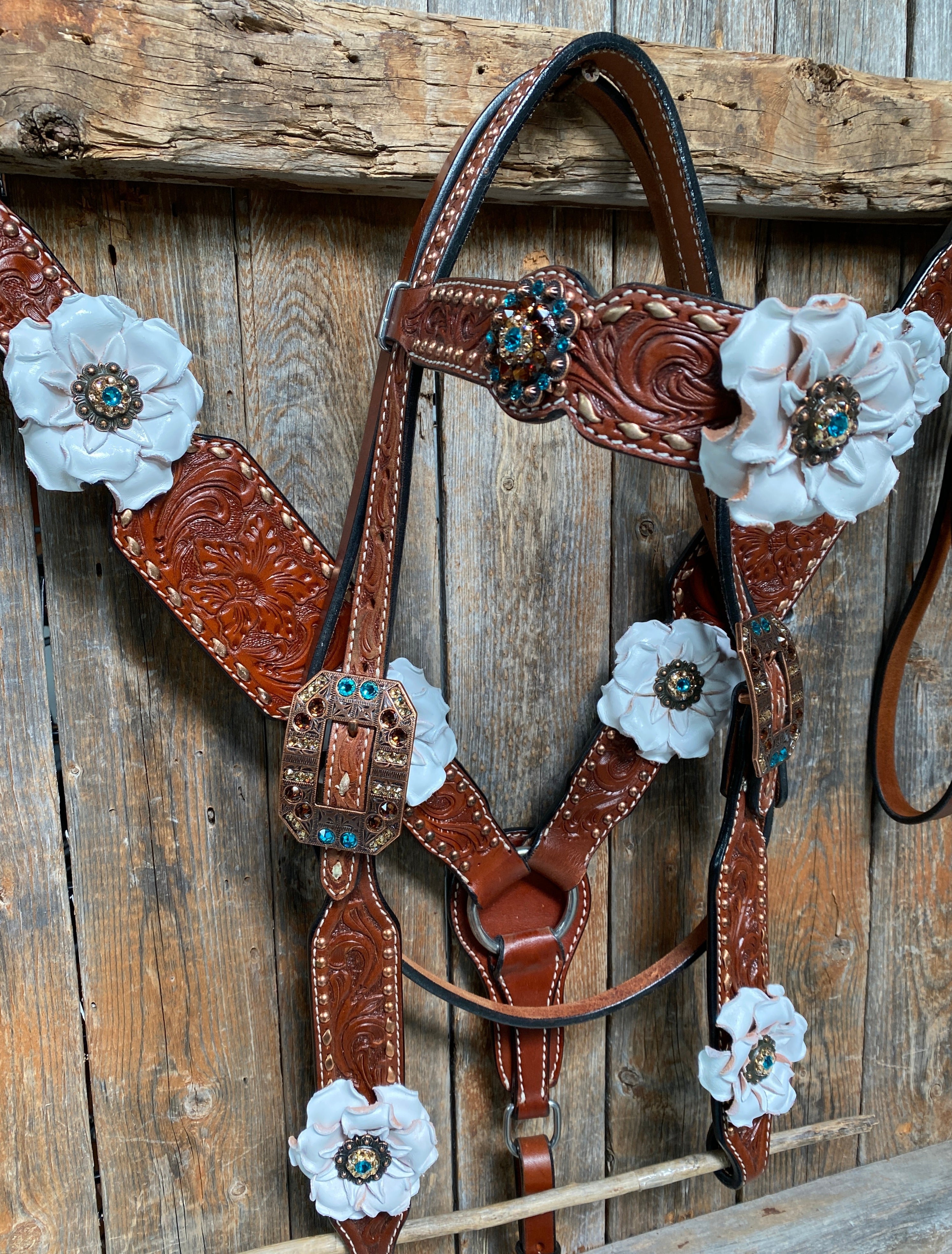 Copper Dot and Buckstitch Flower Browband / One Ear Tack Set #BBBC428 - RODEO DRIVE