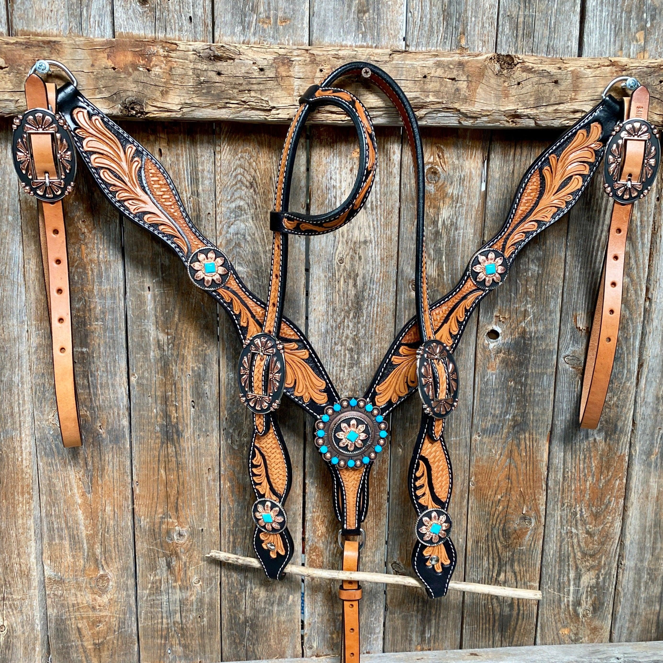 Two Tone Leaf Floral Turquoise One Ear & Breastcollar Tack Set #OEBC430 - RODEO DRIVE