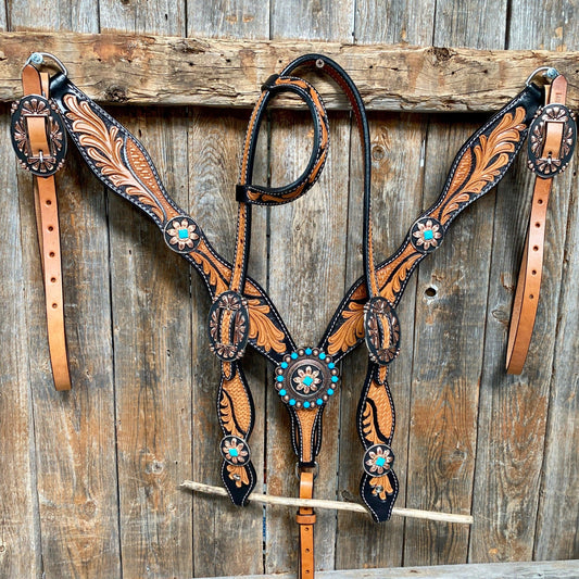 Two Tone Leaf Floral Turquoise One Ear & Breastcollar Tack Set #OEBC430 - RODEO DRIVE