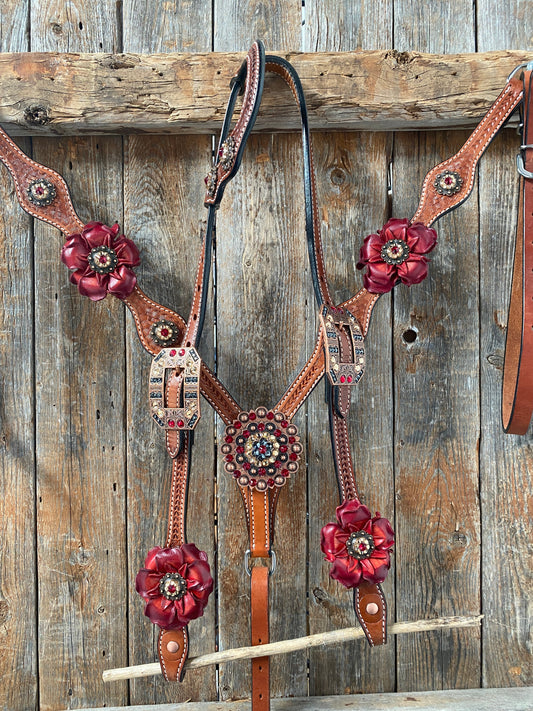 Light Oil Basketweave Champagne and Red One Ear & Breastcollar Tack Set #OEBC432 - RODEO DRIVE