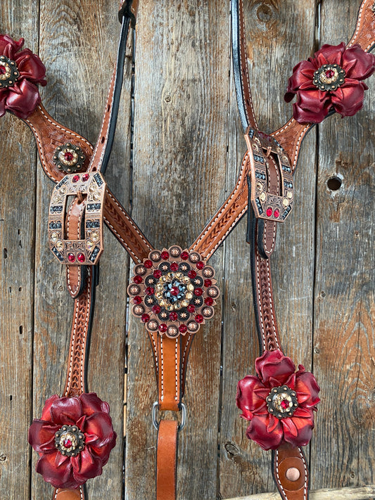 Light Oil Basketweave Champagne and Red One Ear & Breastcollar Tack Set #OEBC432 - RODEO DRIVE