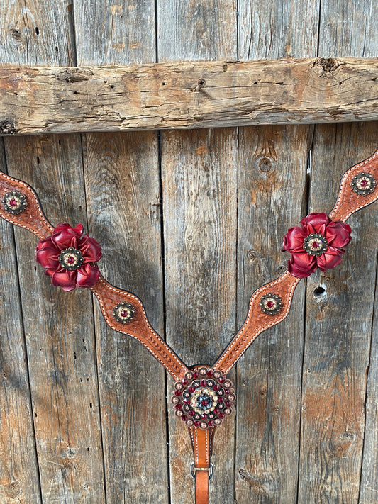 Light Oil Basketweave Champagne and Red One Ear & Breastcollar Tack Set #OEBC432 - RODEO DRIVE