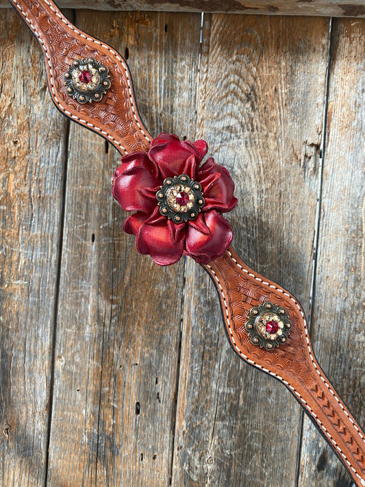 Light Oil Basketweave Champagne and Red One Ear & Breastcollar Tack Set #OEBC432 - RODEO DRIVE