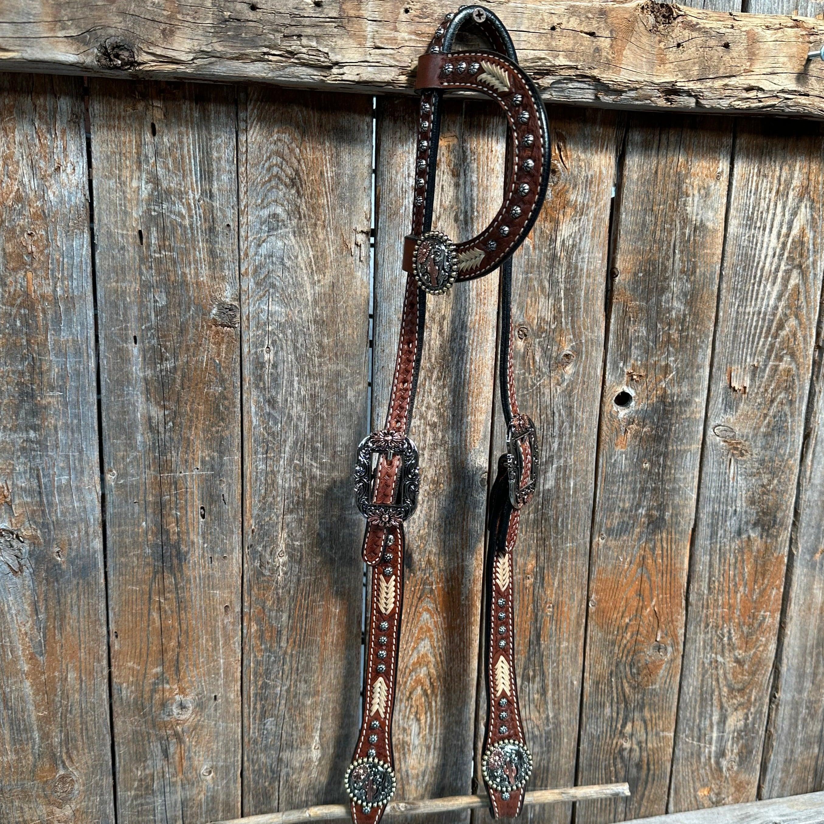 Rawhide Cactus and Flower One Ear Headstall/Bridle #OE117 - RODEO DRIVE