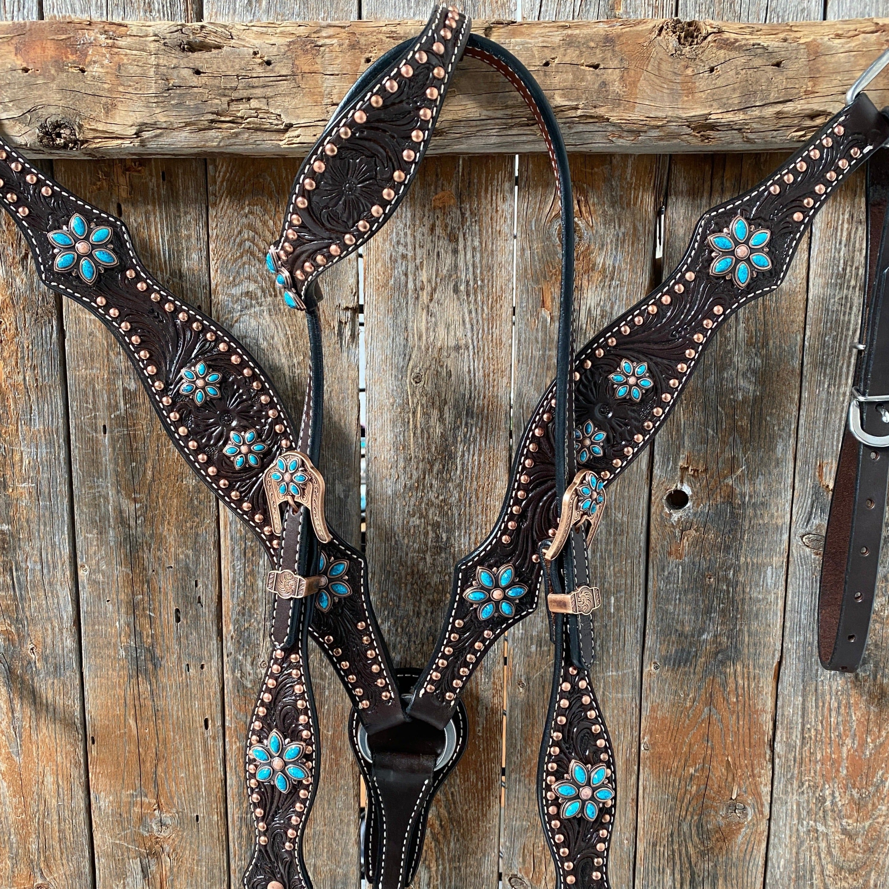 Dark Oil Turquoise Floral One Ear & Breastcollar Tack Set #OEBC433 - RODEO DRIVE