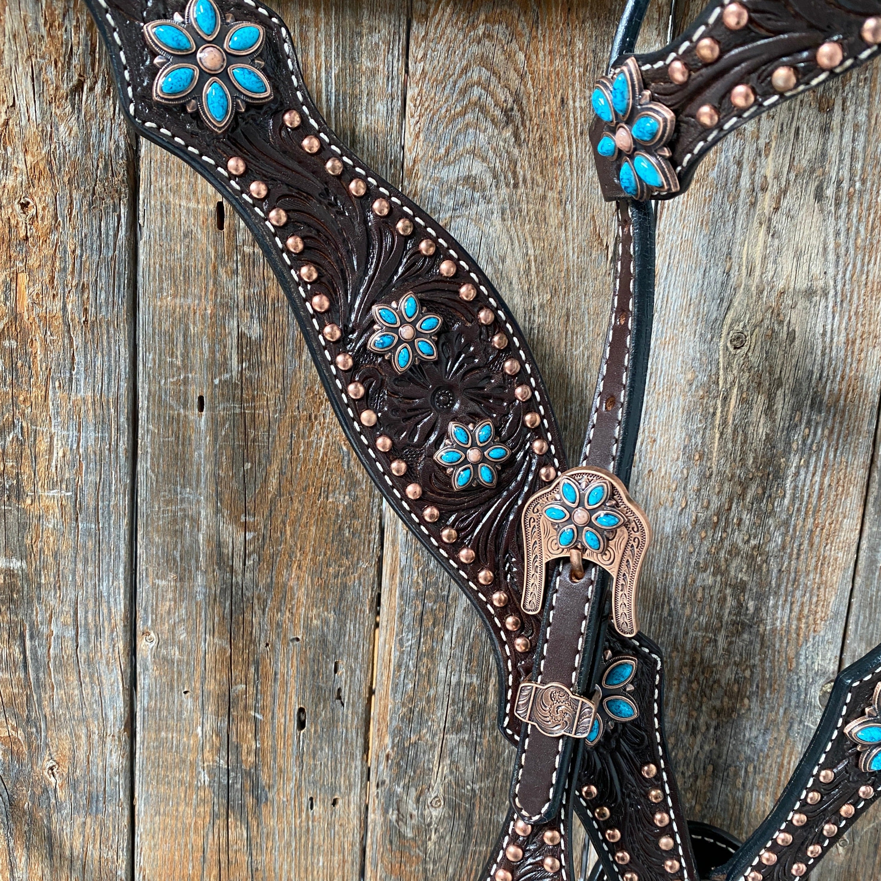 Dark Oil Turquoise Floral One Ear & Breastcollar Tack Set #OEBC433 - RODEO DRIVE