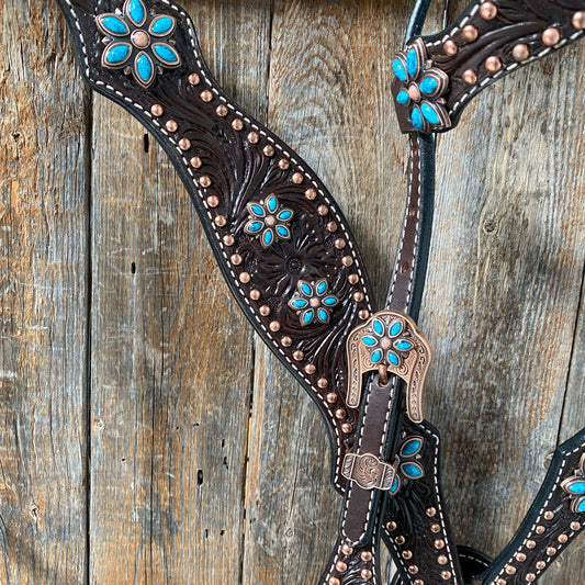 Dark Oil Turquoise Floral One Ear & Breastcollar Tack Set #OEBC433 - RODEO DRIVE
