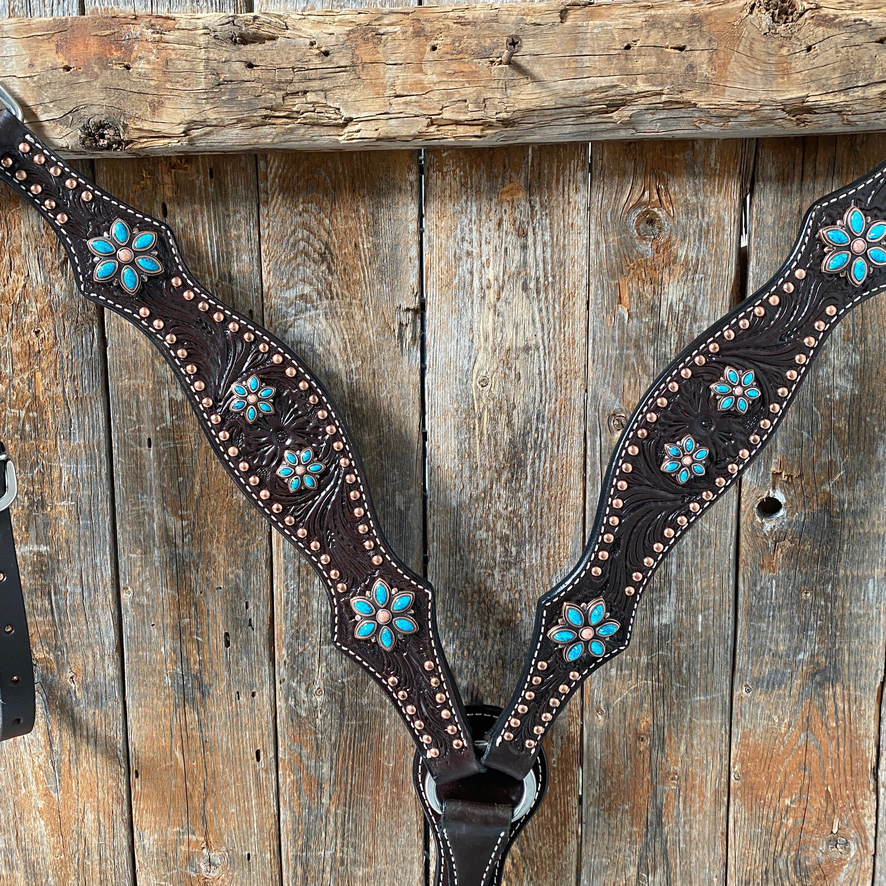 Dark Oil Turquoise Floral One Ear & Breastcollar Tack Set #OEBC433 - RODEO DRIVE