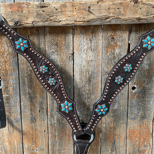 Dark Oil Turquoise Floral One Ear & Breastcollar Tack Set #OEBC433 - RODEO DRIVE