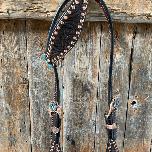 Dark Oil Turquoise Floral One Ear & Breastcollar Tack Set #OEBC433 - RODEO DRIVE