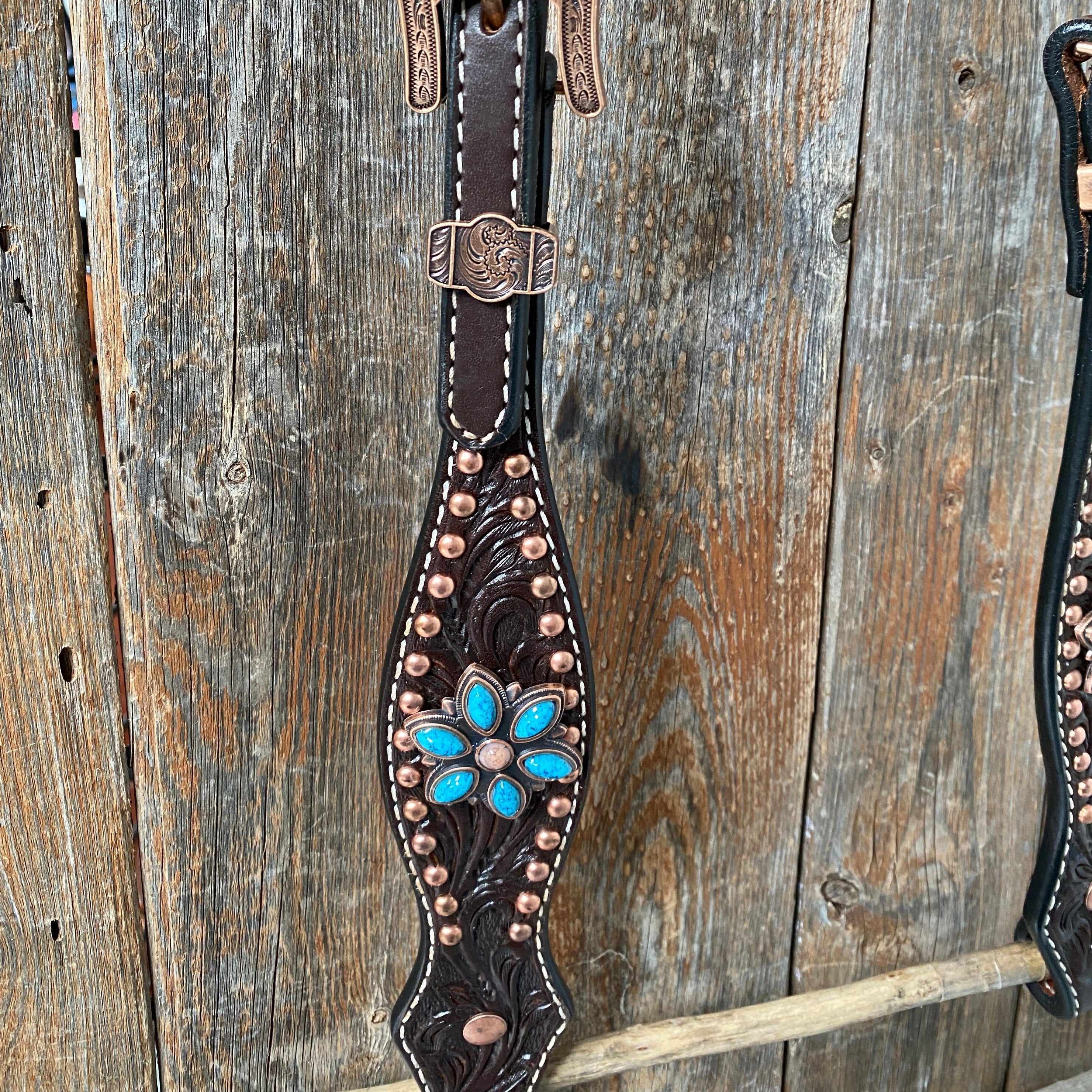 Dark Oil Turquoise Floral One Ear & Breastcollar Tack Set #OEBC433 - RODEO DRIVE