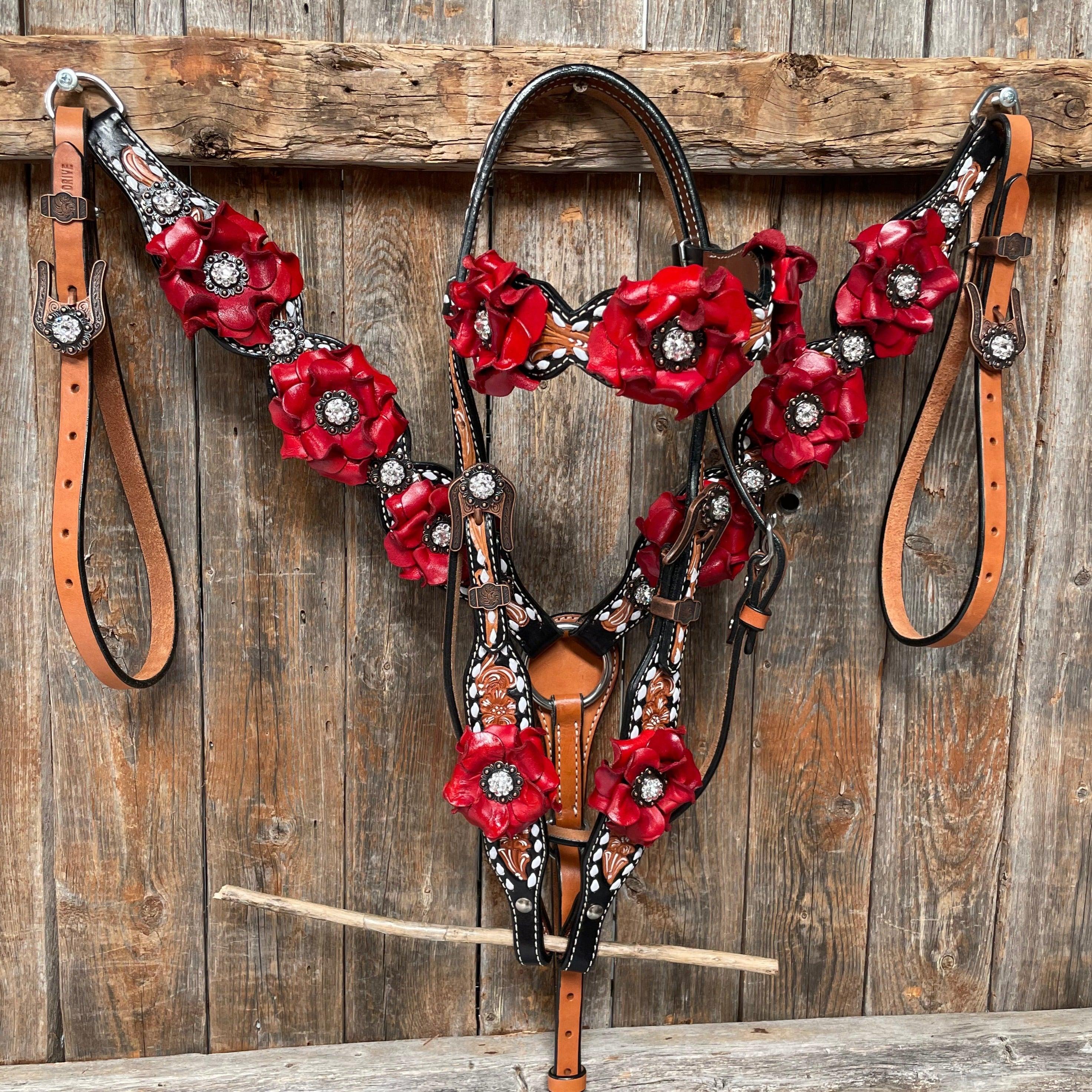 Classic Red Rose and Clear Browband/One Ear Tack Set #OEBC421 - RODEO DRIVE