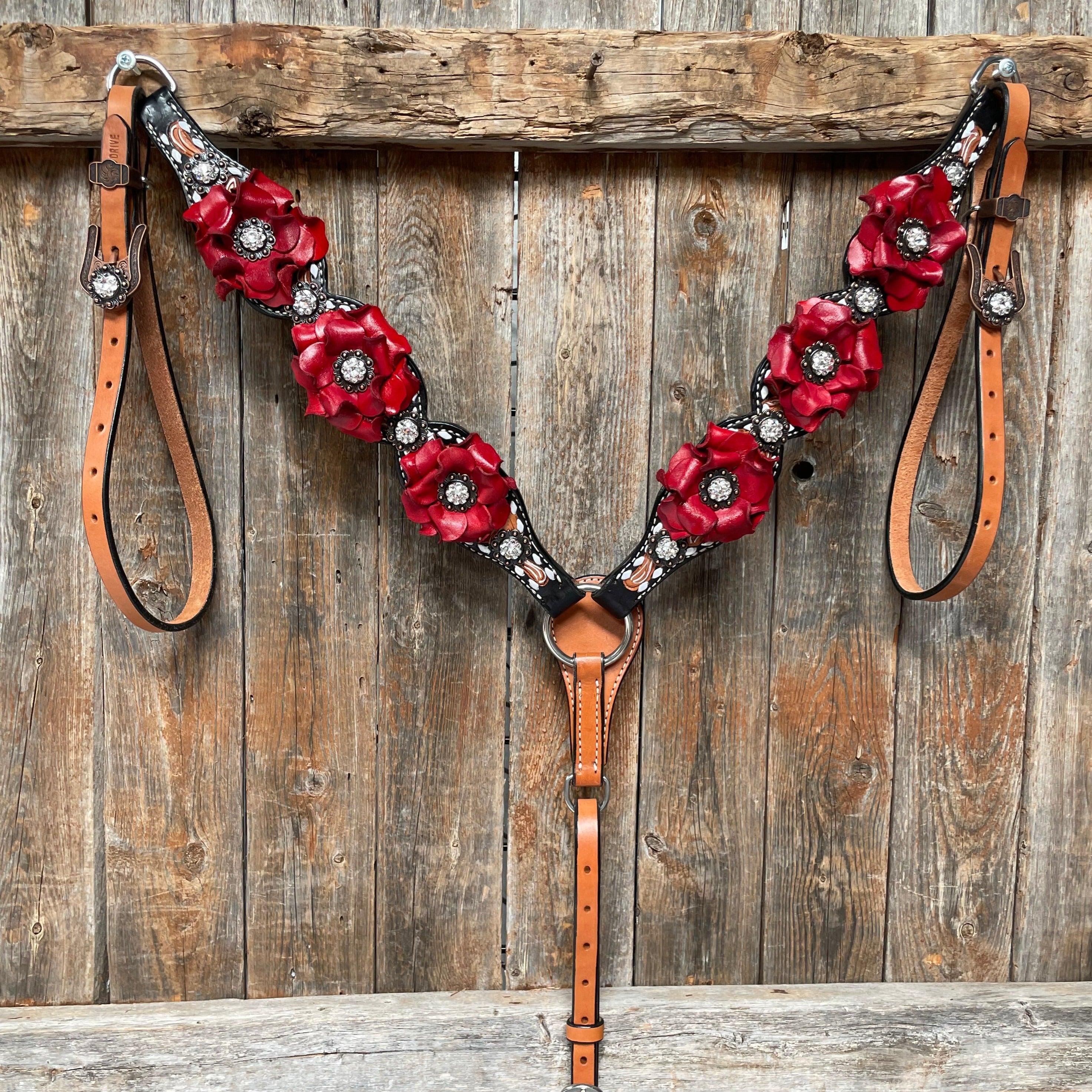 Classic Red Rose and Clear Browband/One Ear Tack Set #OEBC421 - RODEO DRIVE