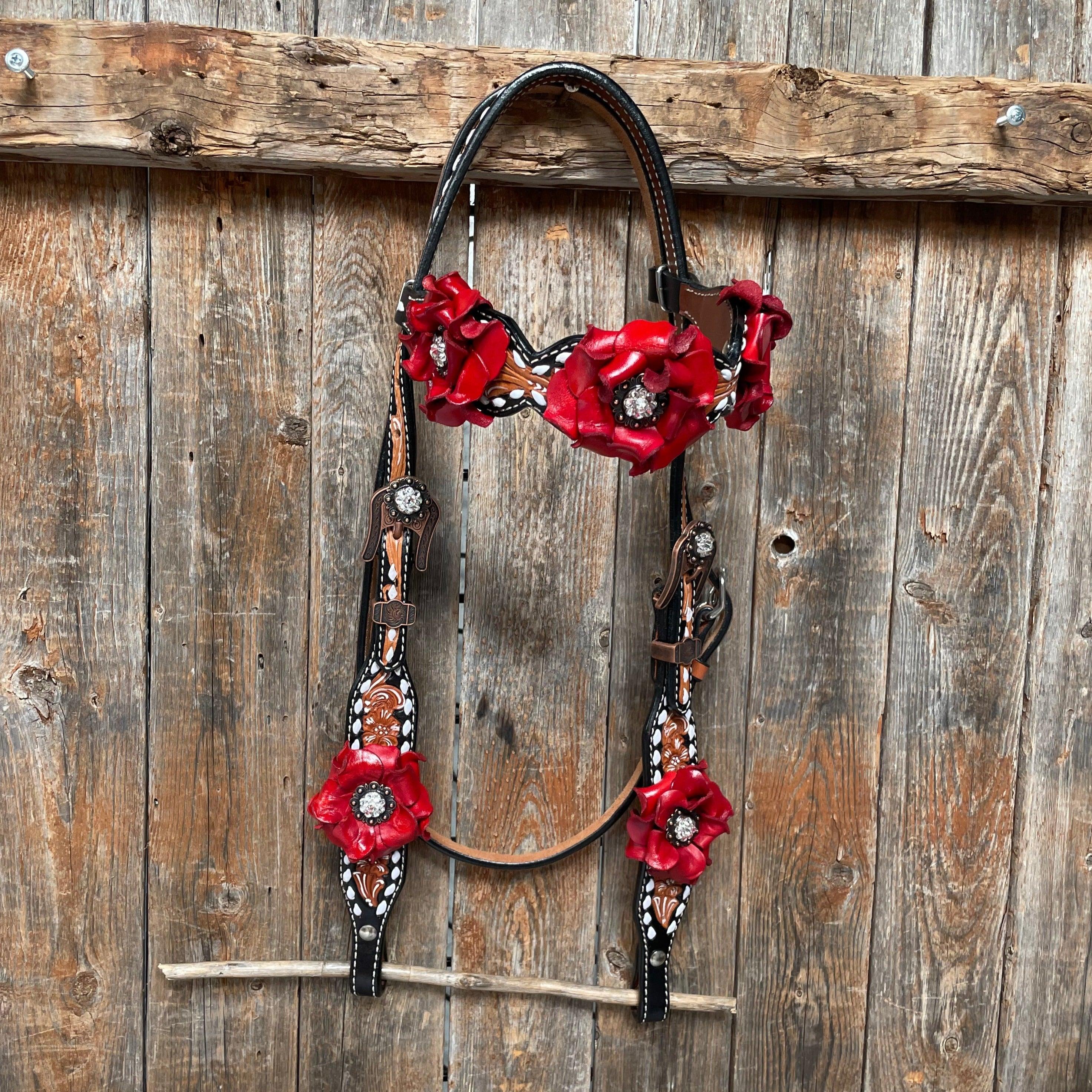 Classic Red Rose and Clear Browband/One Ear Tack Set #OEBC421 - RODEO DRIVE