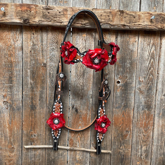 Classic Red Rose and Clear Browband/One Ear Tack Set #OEBC421 - RODEO DRIVE