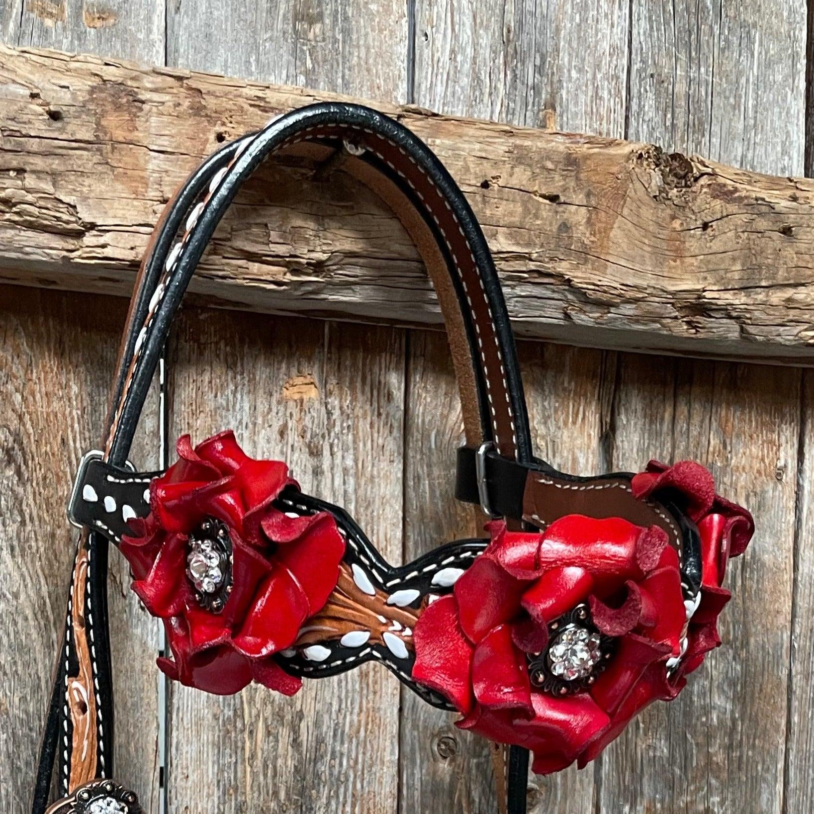 Classic Red Rose and Clear Browband/One Ear Tack Set #OEBC421 - RODEO DRIVE