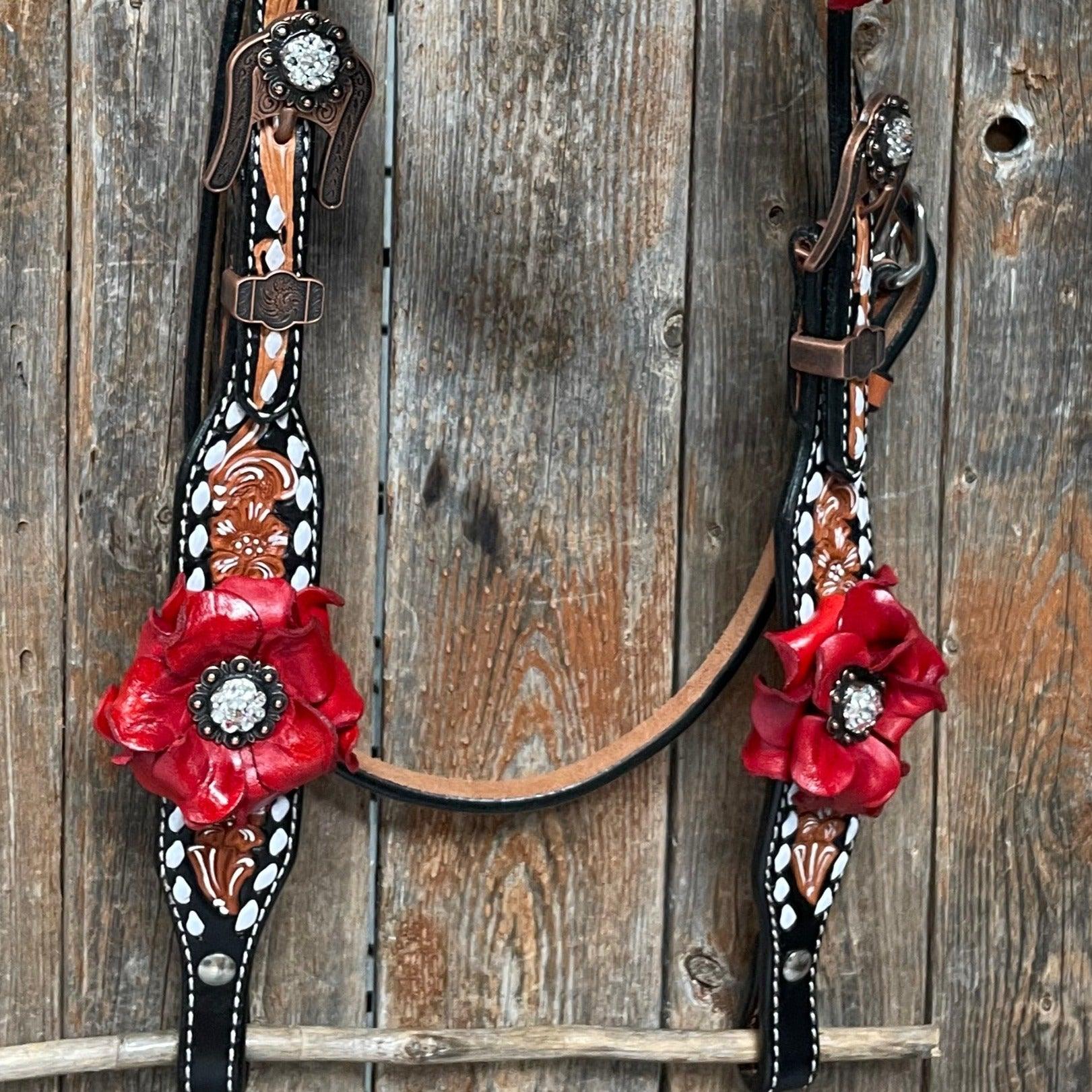 Classic Red Rose and Clear Browband/One Ear Tack Set #OEBC421 - RODEO DRIVE