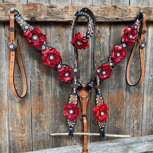 Classic Red Rose and Clear Browband/One Ear Tack Set #OEBC421 - RODEO DRIVE