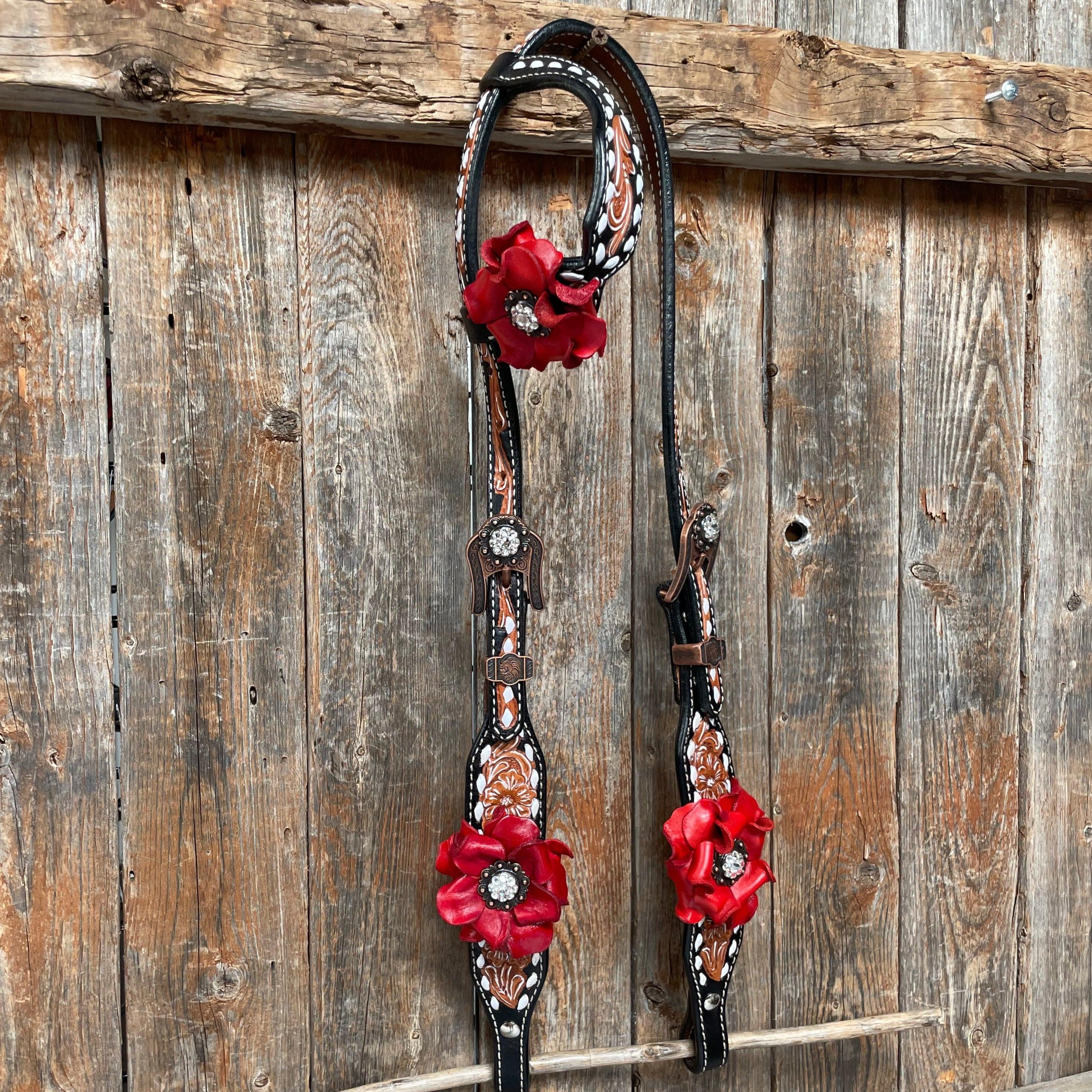 Classic Red Rose and Clear Browband/One Ear Tack Set #OEBC421 - RODEO DRIVE