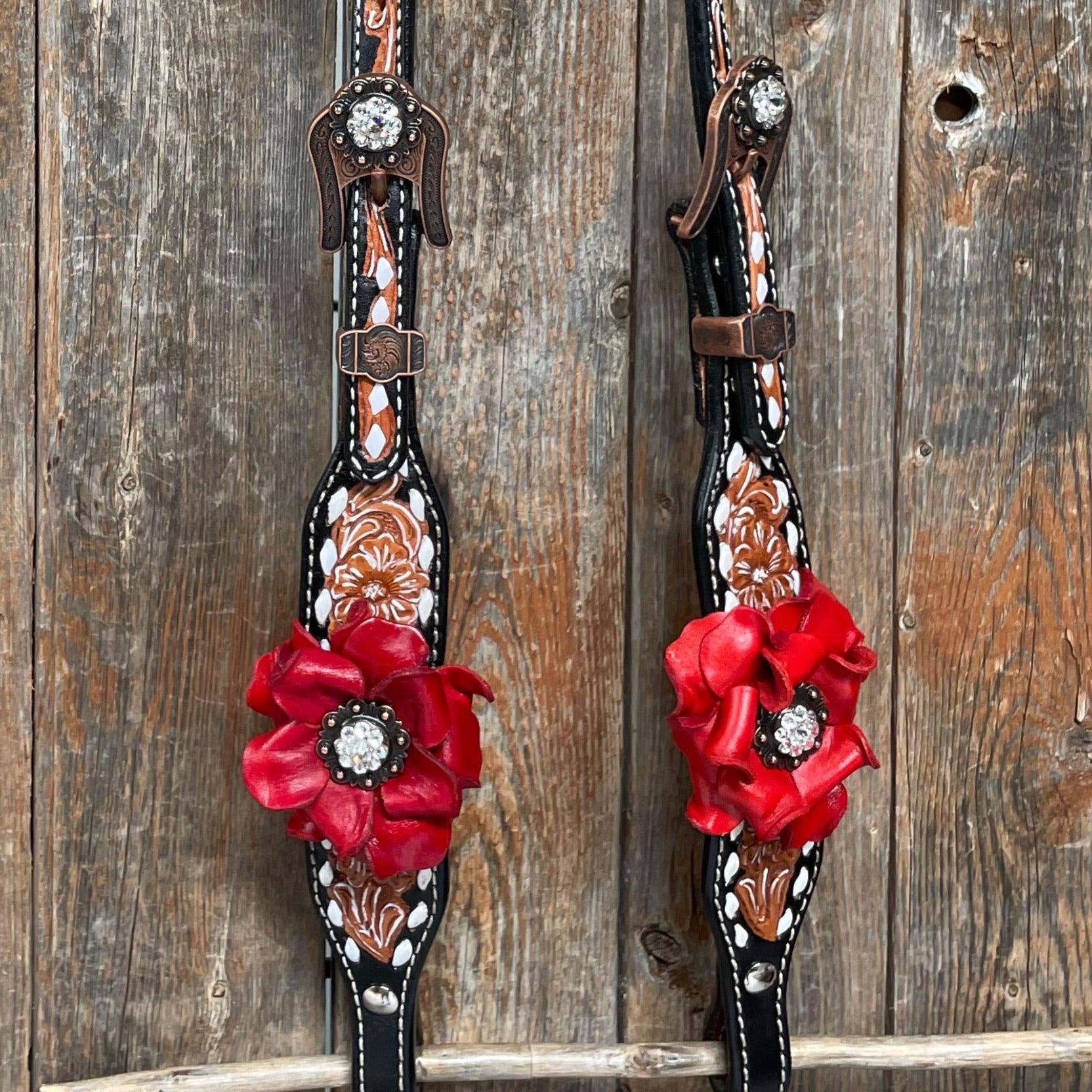 Classic Red Rose and Clear Browband/One Ear Tack Set #OEBC421 - RODEO DRIVE