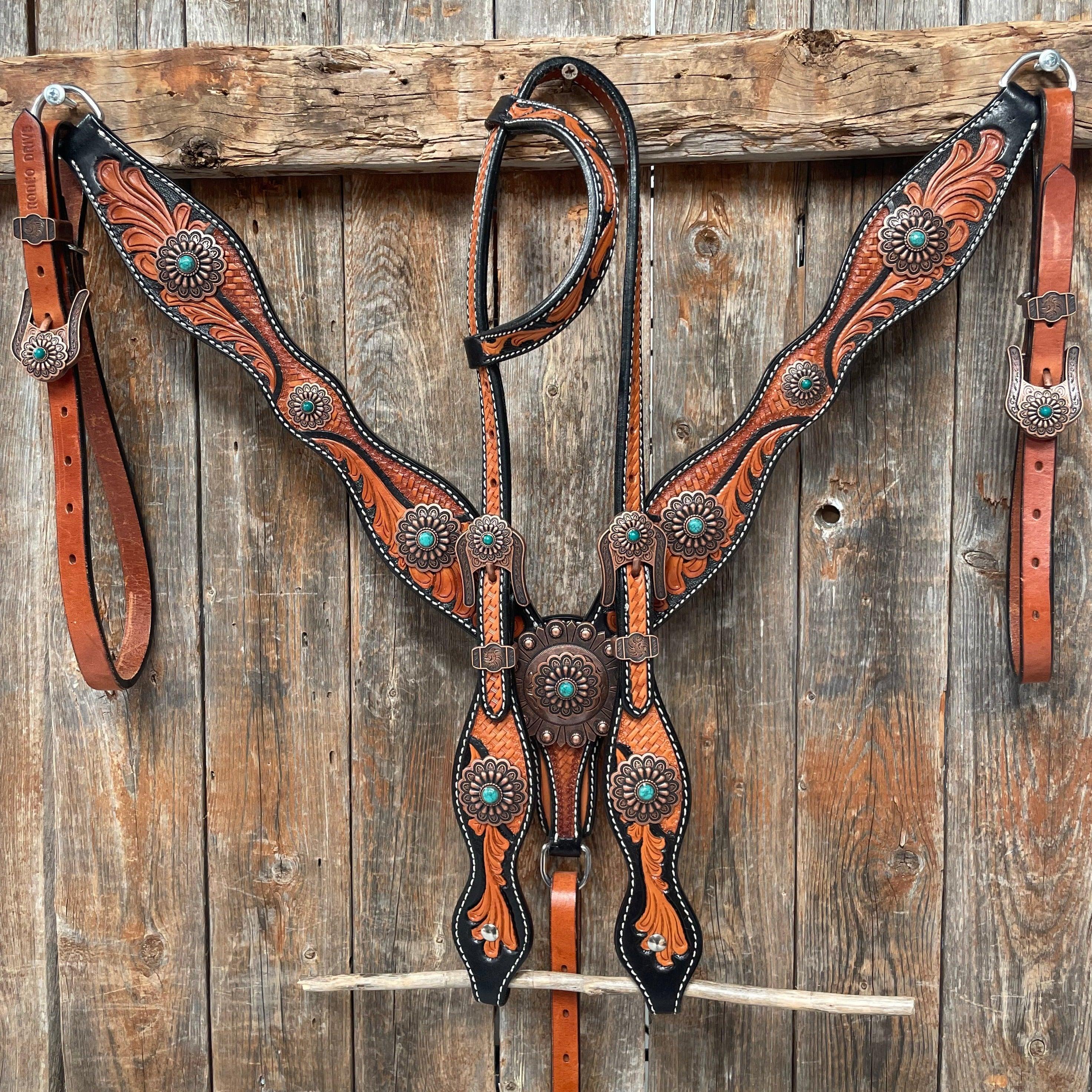Two Tone Leaf Copper Flower Turquoise One Ear & Breastcollar Tack Set #OEBC454 - RODEO DRIVE