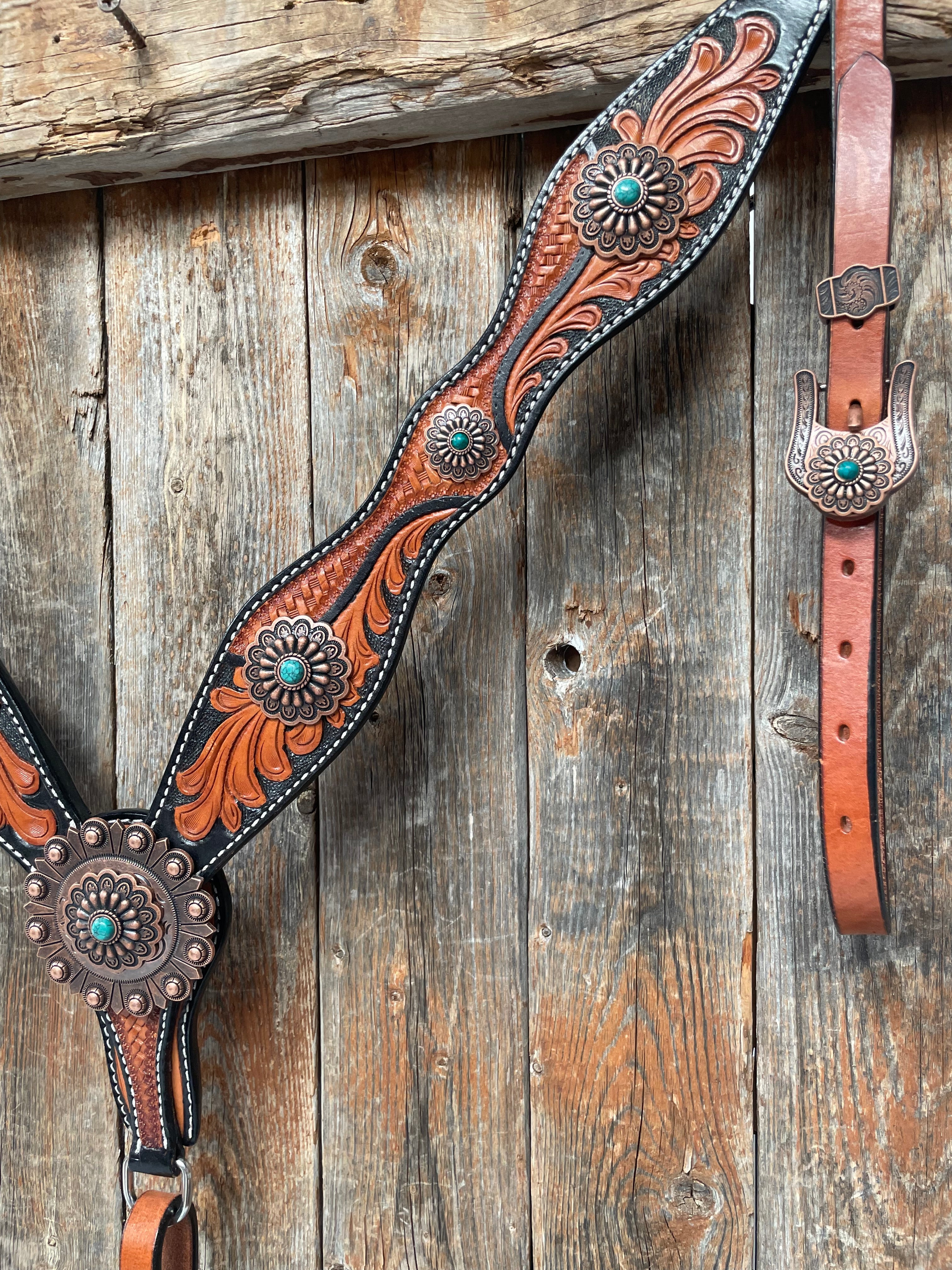 Two Tone Leaf Copper Flower Turquoise One Ear & Breastcollar Tack Set #OEBC454 - RODEO DRIVE