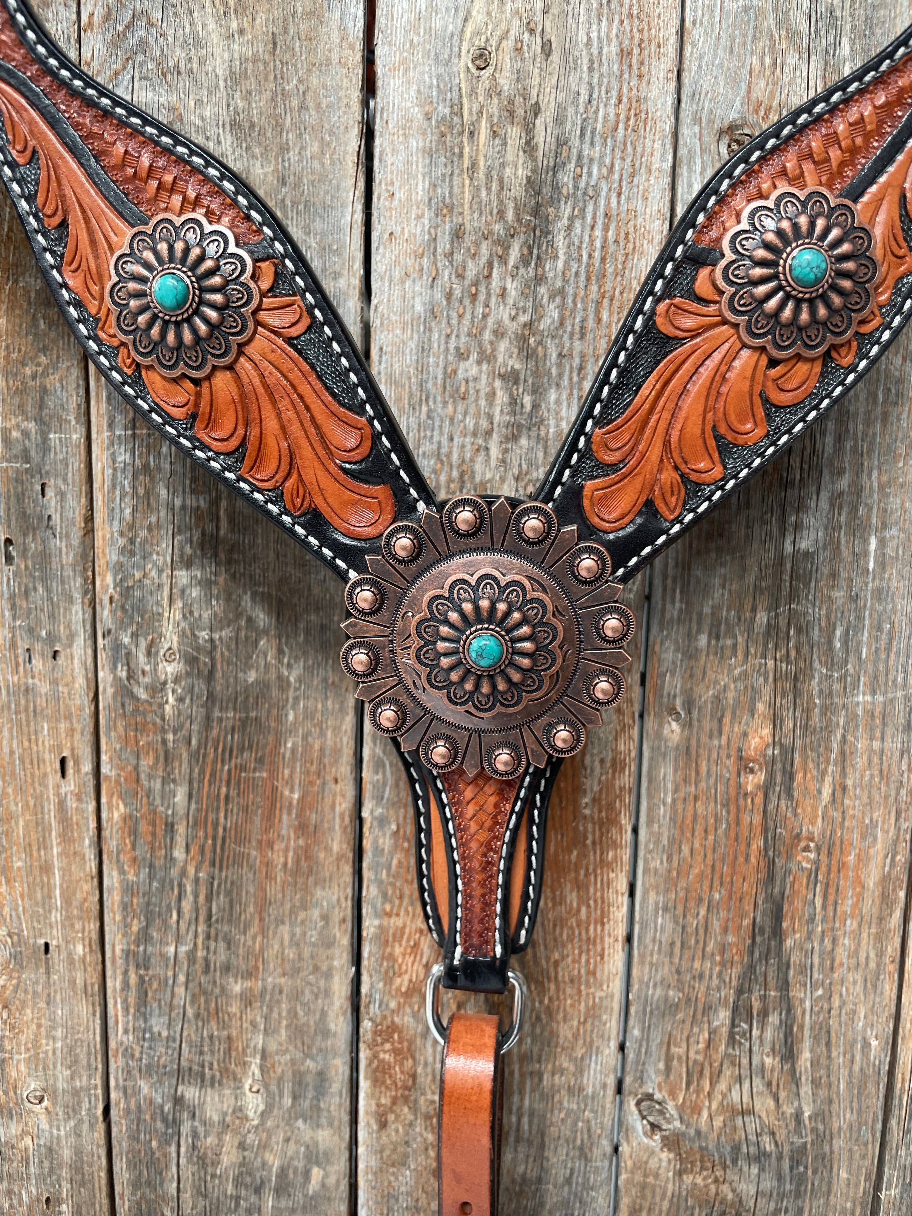 Two Tone Leaf Copper Flower Turquoise One Ear & Breastcollar Tack Set #OEBC454 - RODEO DRIVE