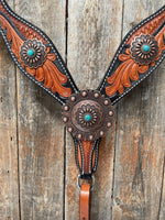 Two Tone Leaf Copper Flower Turquoise One Ear & Breastcollar Tack Set #OEBC454 - RODEO DRIVE