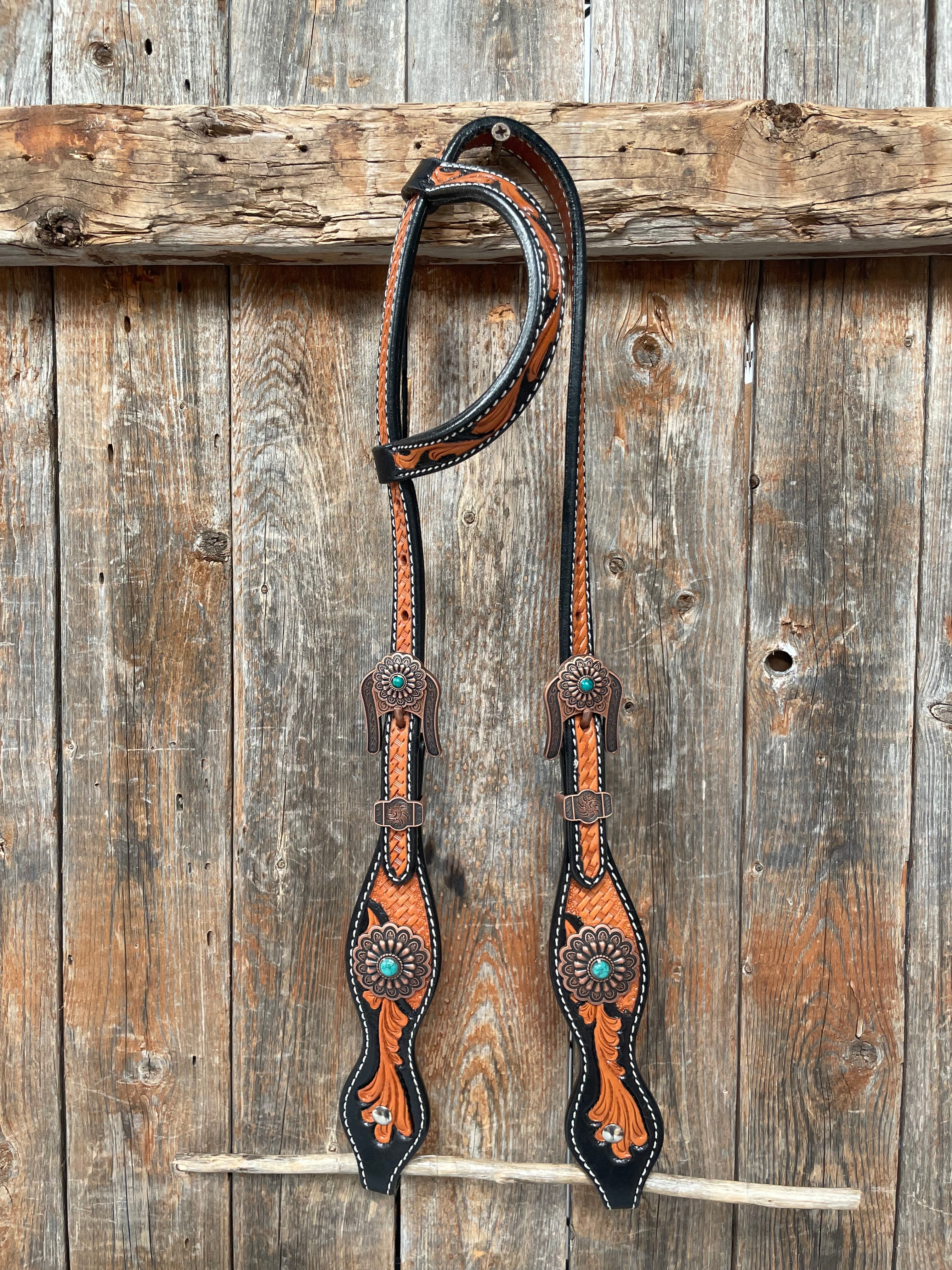 Two Tone Leaf Copper Flower Turquoise One Ear & Breastcollar Tack Set #OEBC454 - RODEO DRIVE