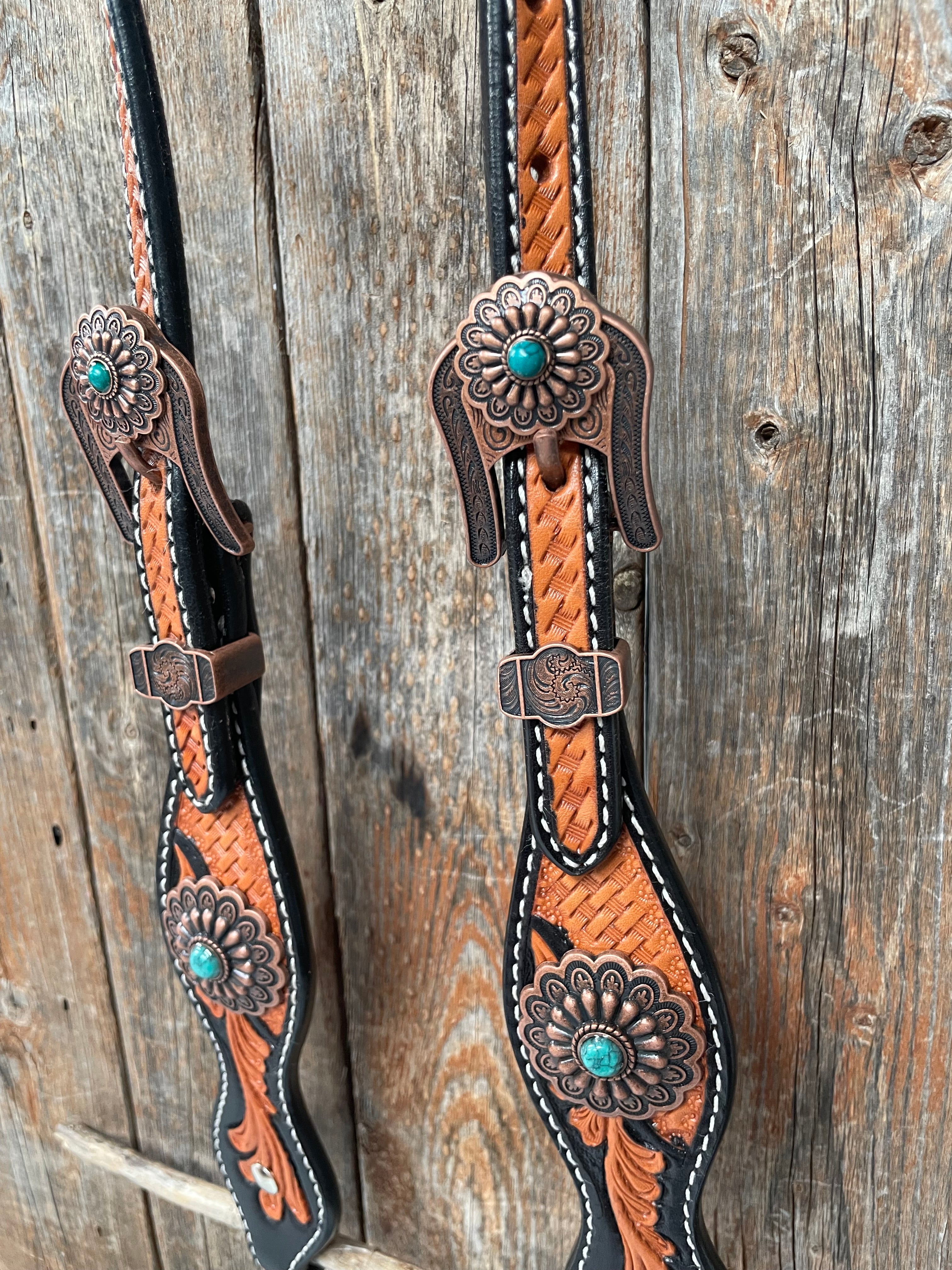 Two Tone Leaf Copper Flower Turquoise One Ear & Breastcollar Tack Set #OEBC454 - RODEO DRIVE