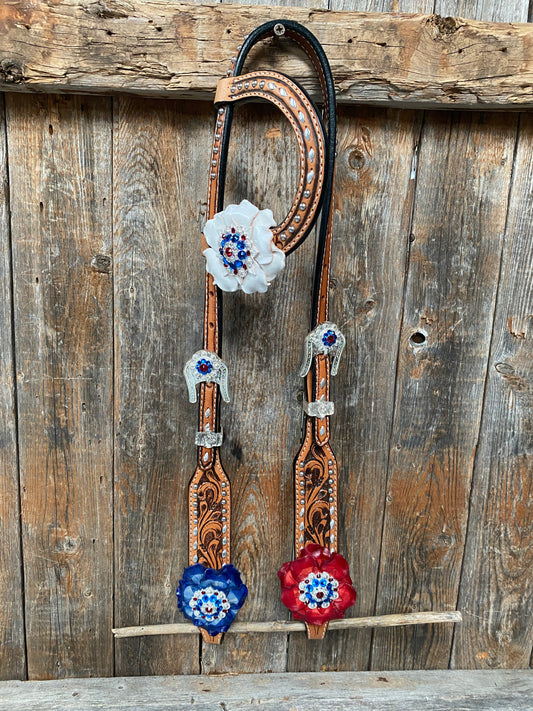 Silver Buckstitch Patriotic One Ear Tack Set #OEBC470 - RODEO DRIVE