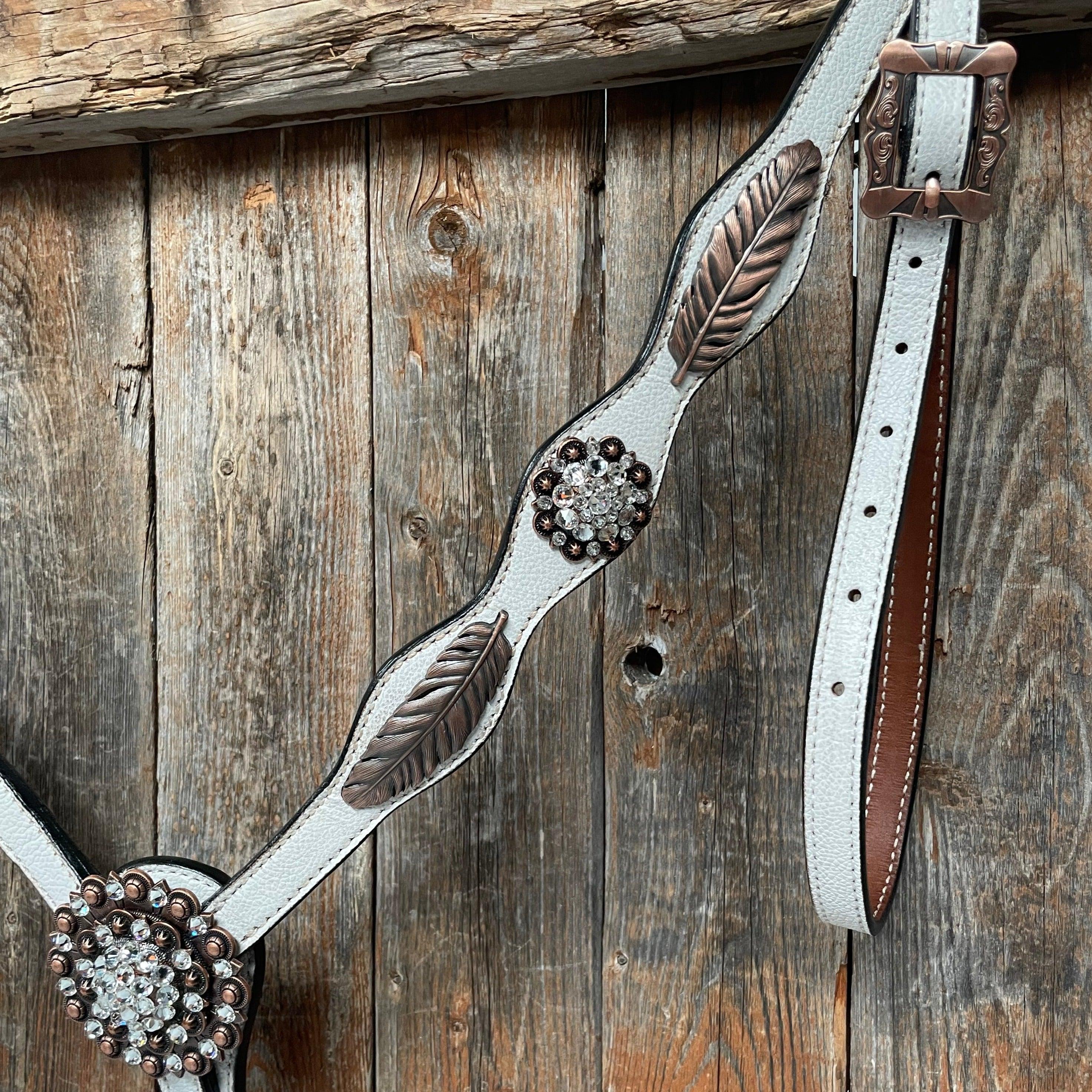 White Leather Copper Clear and Feather Browband/One Ear Tack Set #OEBC482 - RODEO DRIVE