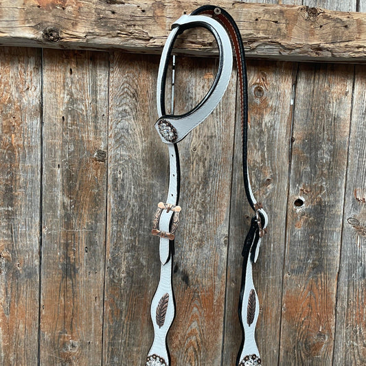 White Leather Copper Clear and Feather Browband/One Ear Tack Set #OEBC482 - RODEO DRIVE
