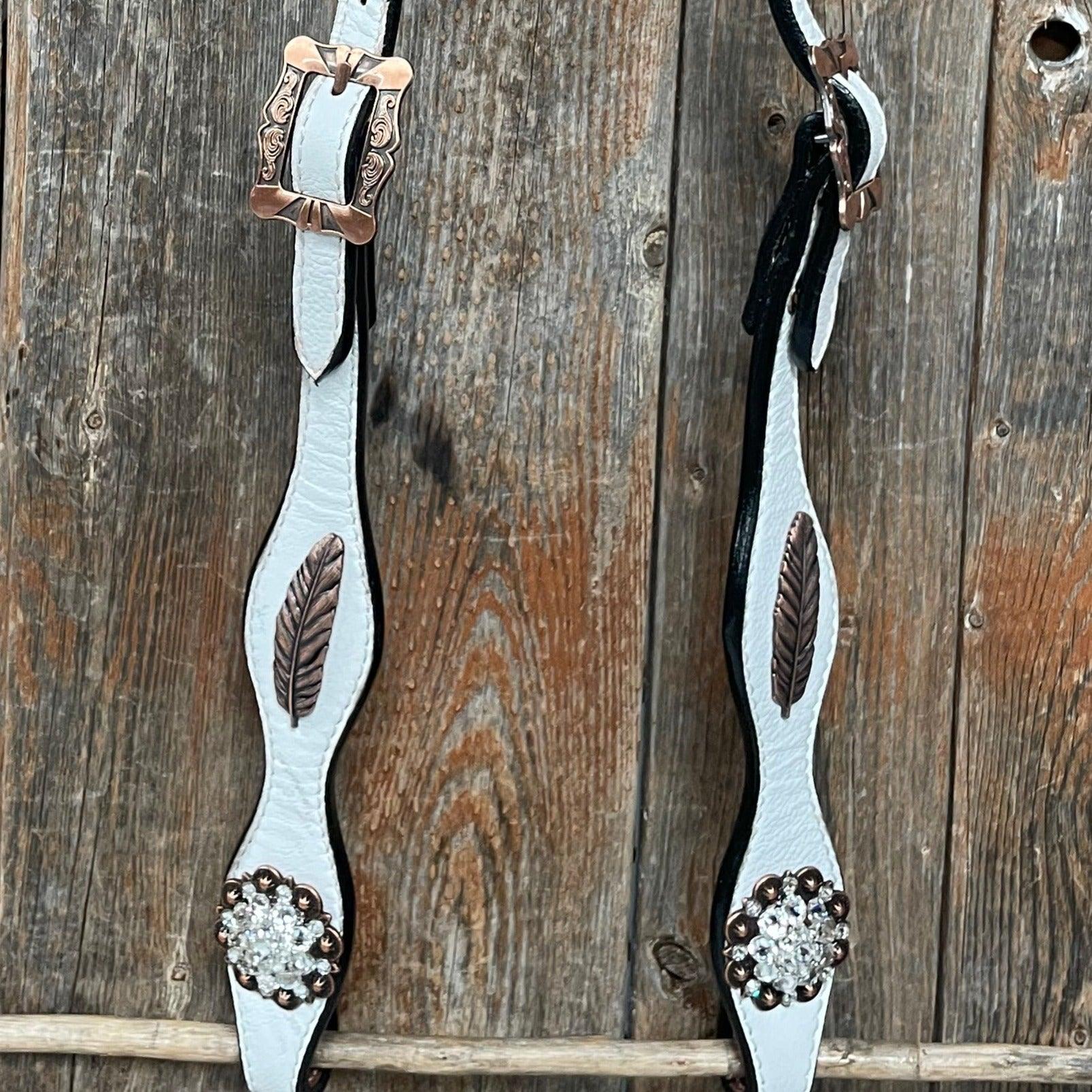 White Leather Copper Clear and Feather Browband/One Ear Tack Set #OEBC482 - RODEO DRIVE
