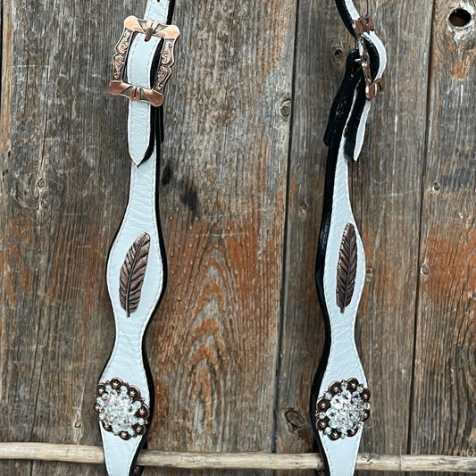 White Leather Copper Clear and Feather Browband/One Ear Tack Set #OEBC482 - RODEO DRIVE