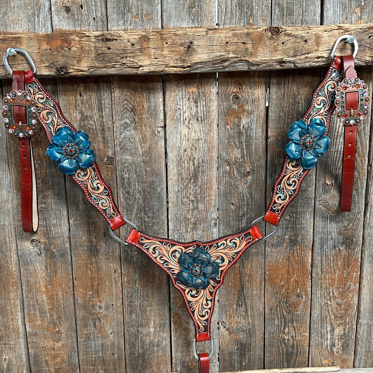 Rust Triangle Turquoise Flower One Ear/ Breastcollar #OEBC533 - RODEO DRIVE
