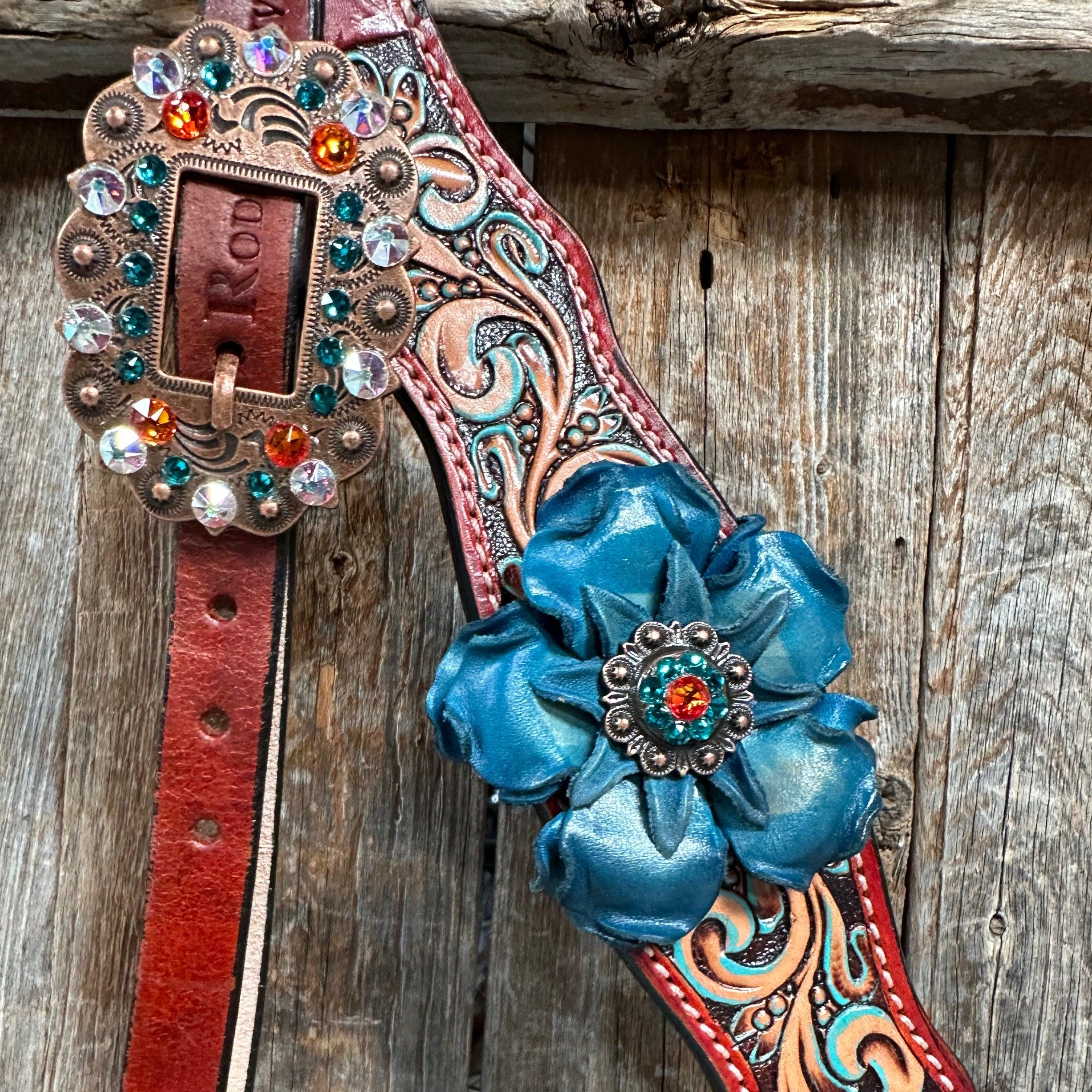Rust Triangle Turquoise Flower One Ear/ Breastcollar #OEBC533 - RODEO DRIVE