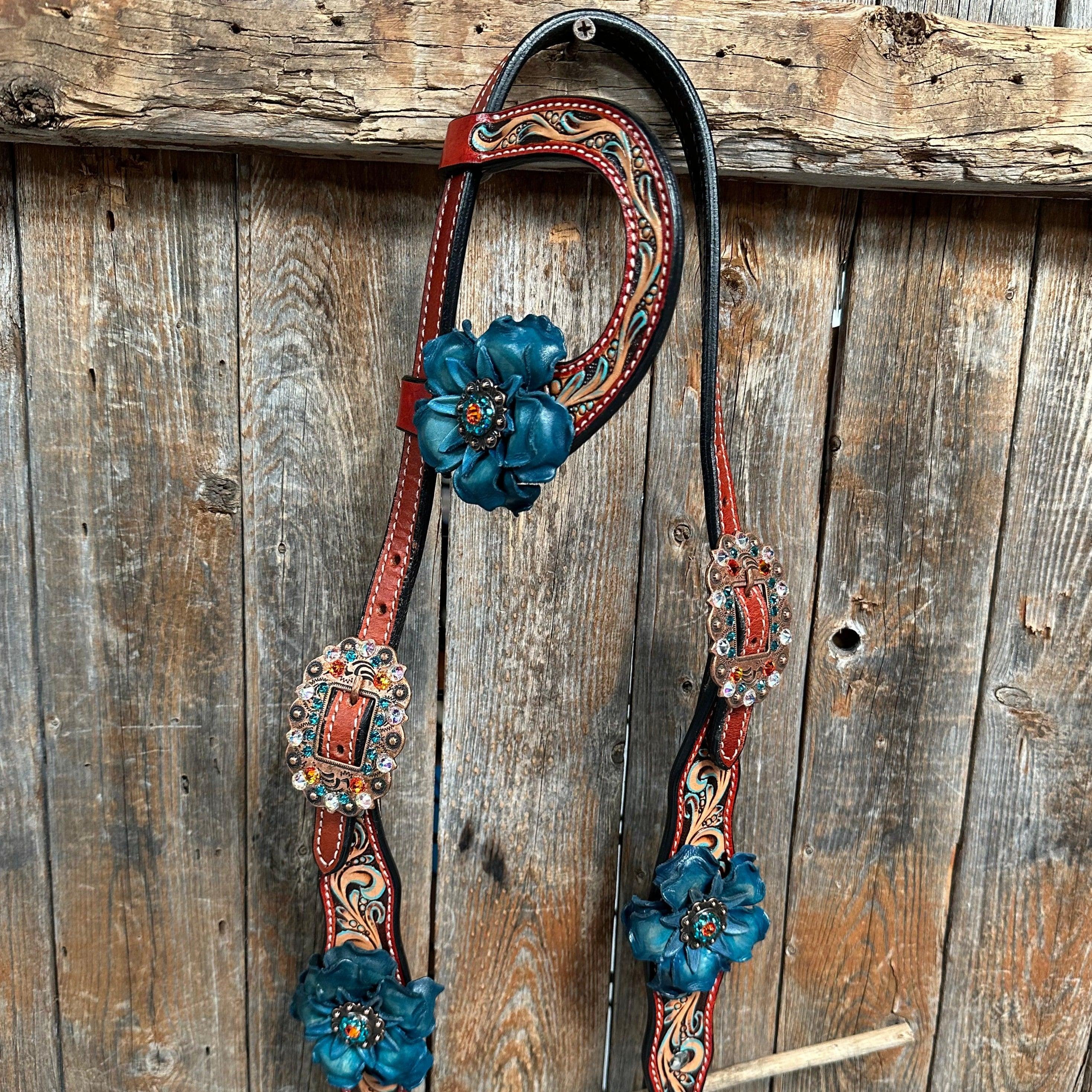 Rust Triangle Turquoise Flower One Ear/ Breastcollar #OEBC533 - RODEO DRIVE