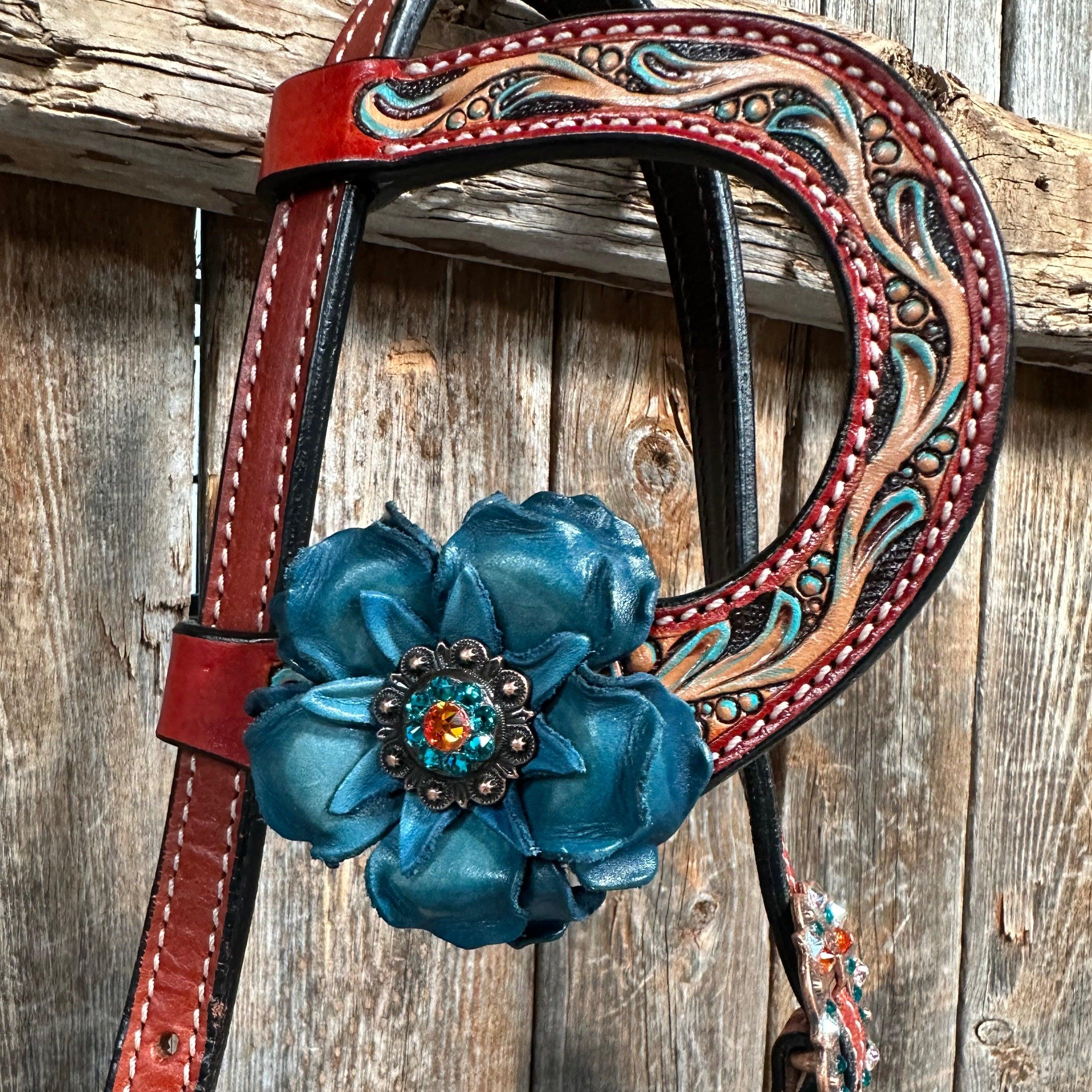 Rust Triangle Turquoise Flower One Ear/ Breastcollar #OEBC533 - RODEO DRIVE