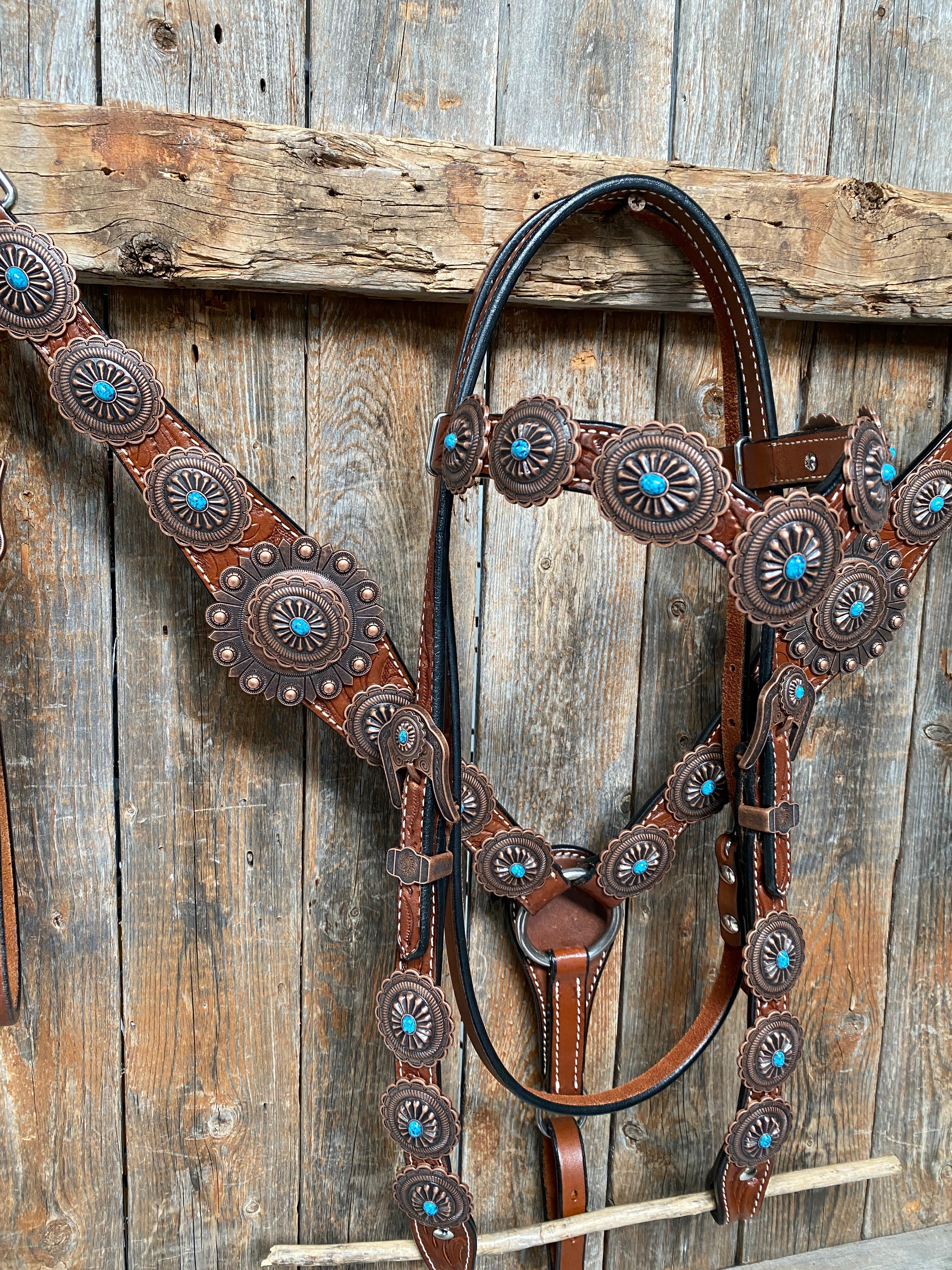 Medium Oil Navajo Style Copper Turquoise Browband & Breastcollar Tack Set #BBBC448 - RODEO DRIVE