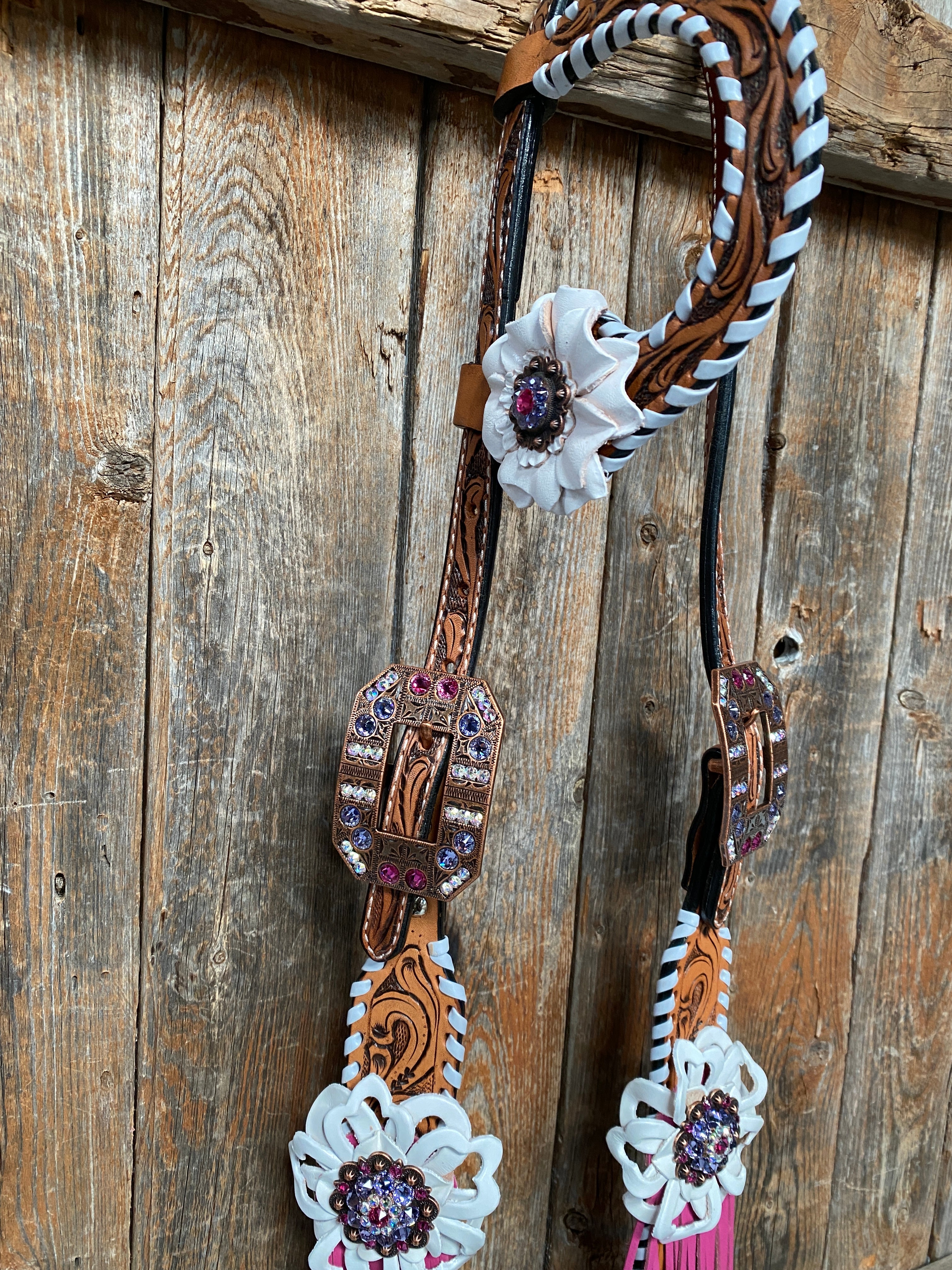 White Whipstitch Pink and White Browband/One Ear & Breastcollar Tack Set #BBBC426