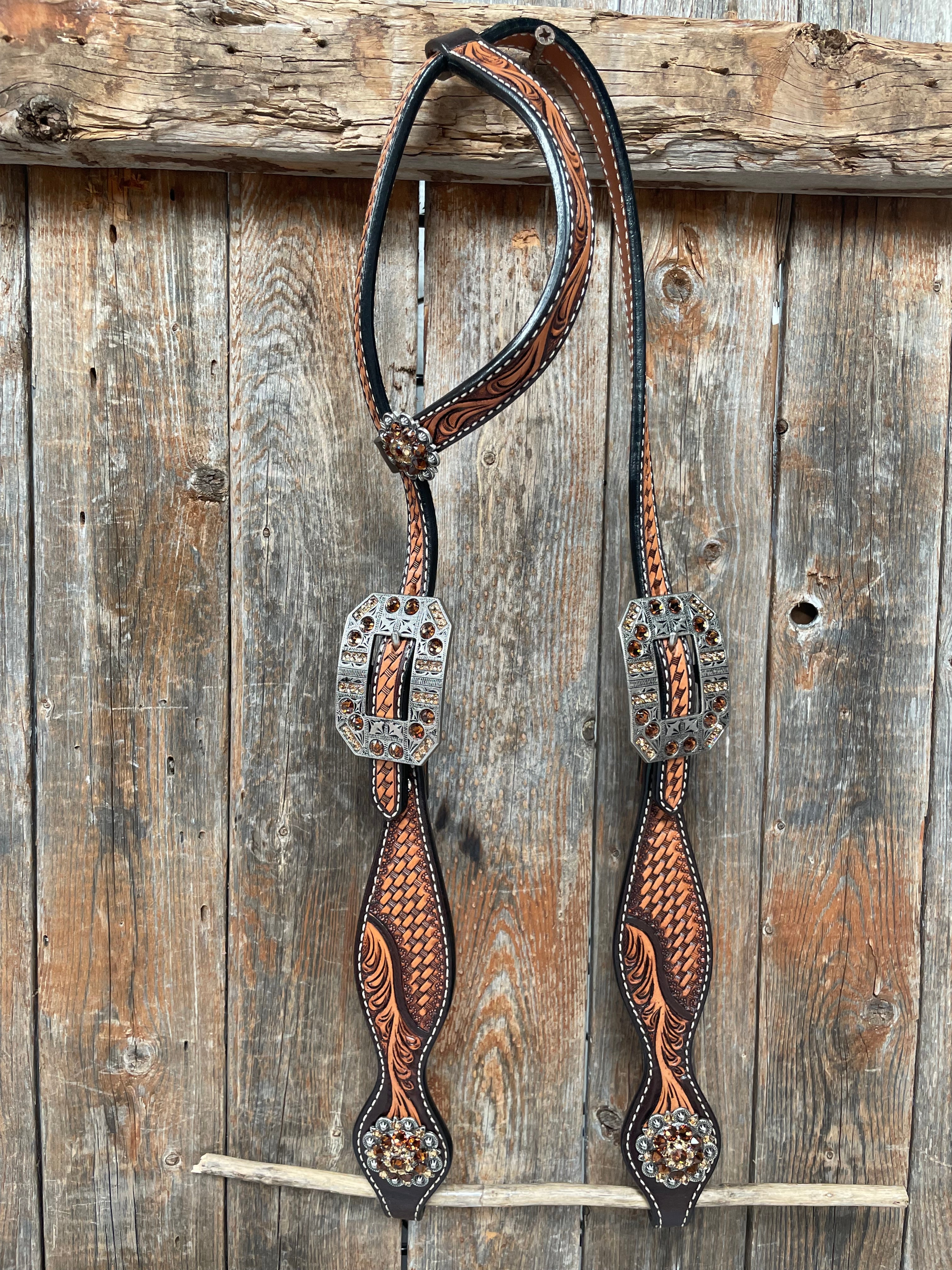 Brown Leaf Scalloped Champagne an Topaz One Ear Headstall #OE105 - RODEO DRIVE